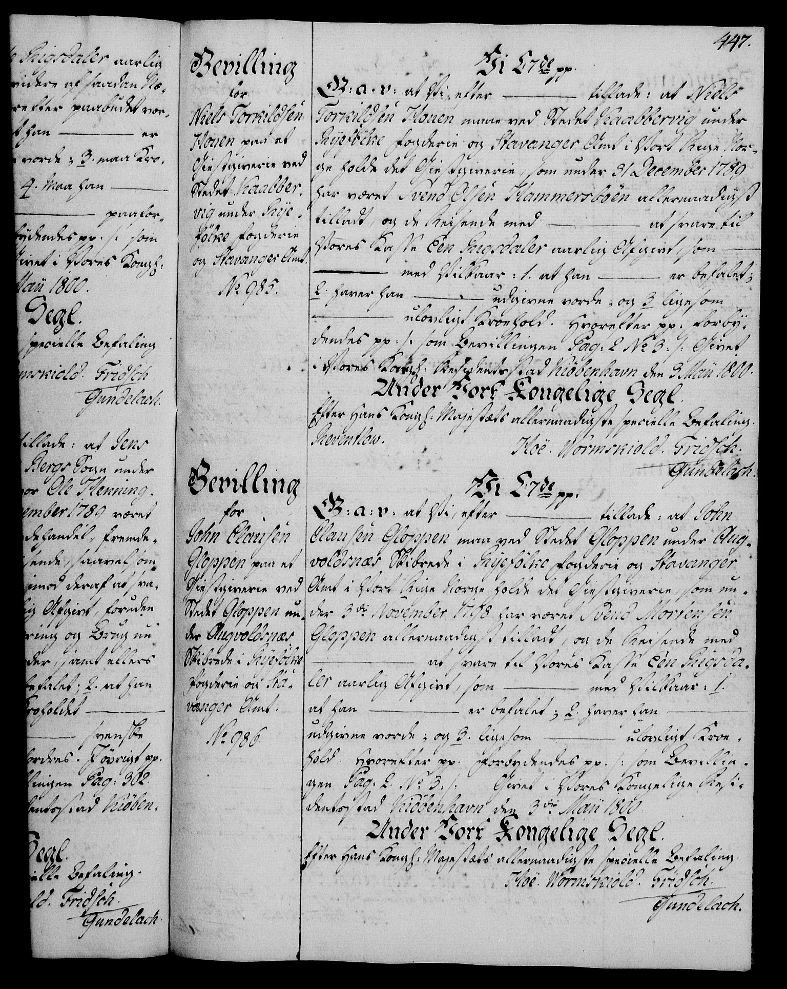 Rentekammeret, Kammerkanselliet, AV/RA-EA-3111/G/Gg/Gga/L0016: Norsk ekspedisjonsprotokoll med register (merket RK 53.16), 1794-1800, s. 447