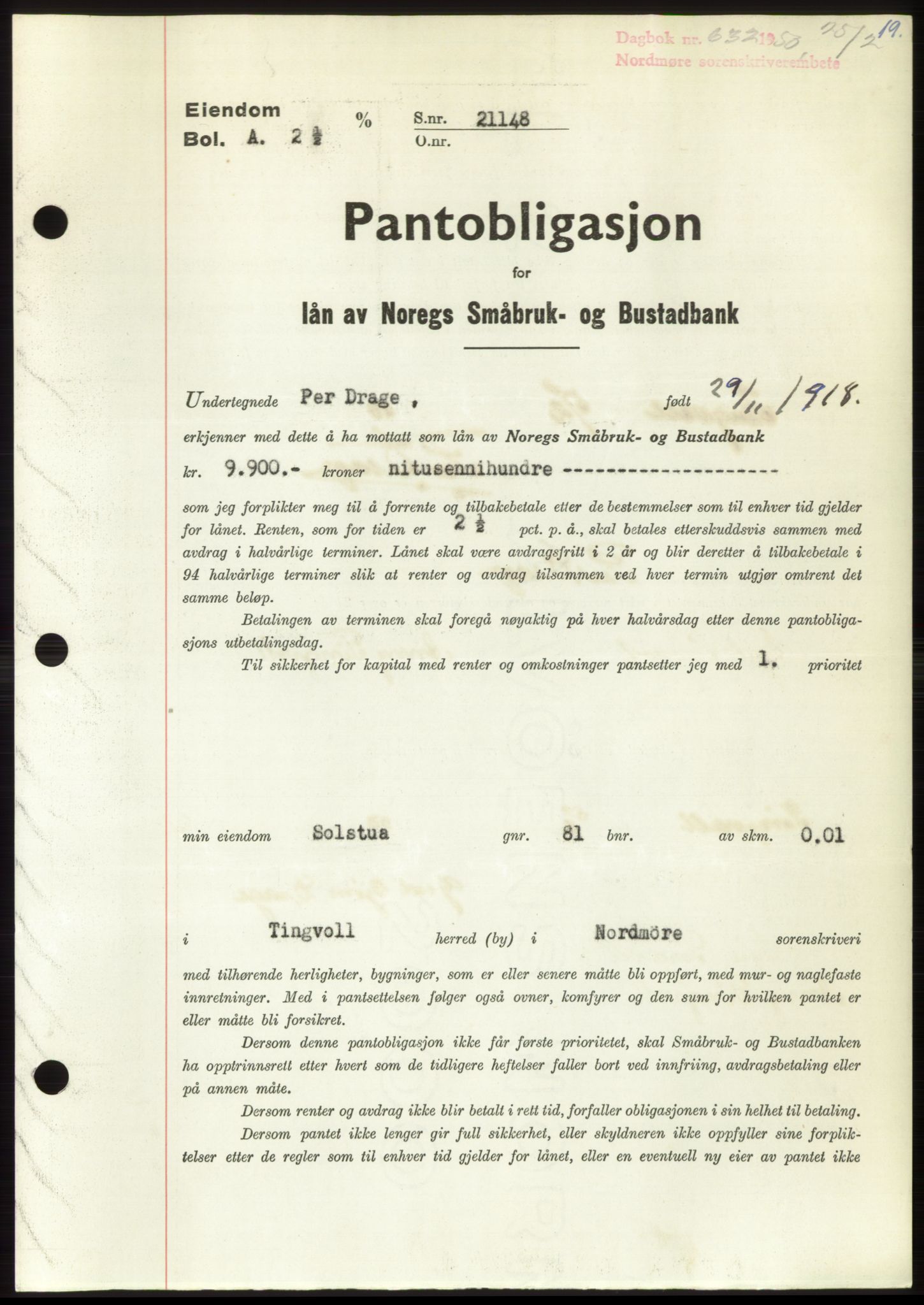 Nordmøre sorenskriveri, AV/SAT-A-4132/1/2/2Ca: Pantebok nr. B104, 1950-1950, Dagboknr: 632/1950