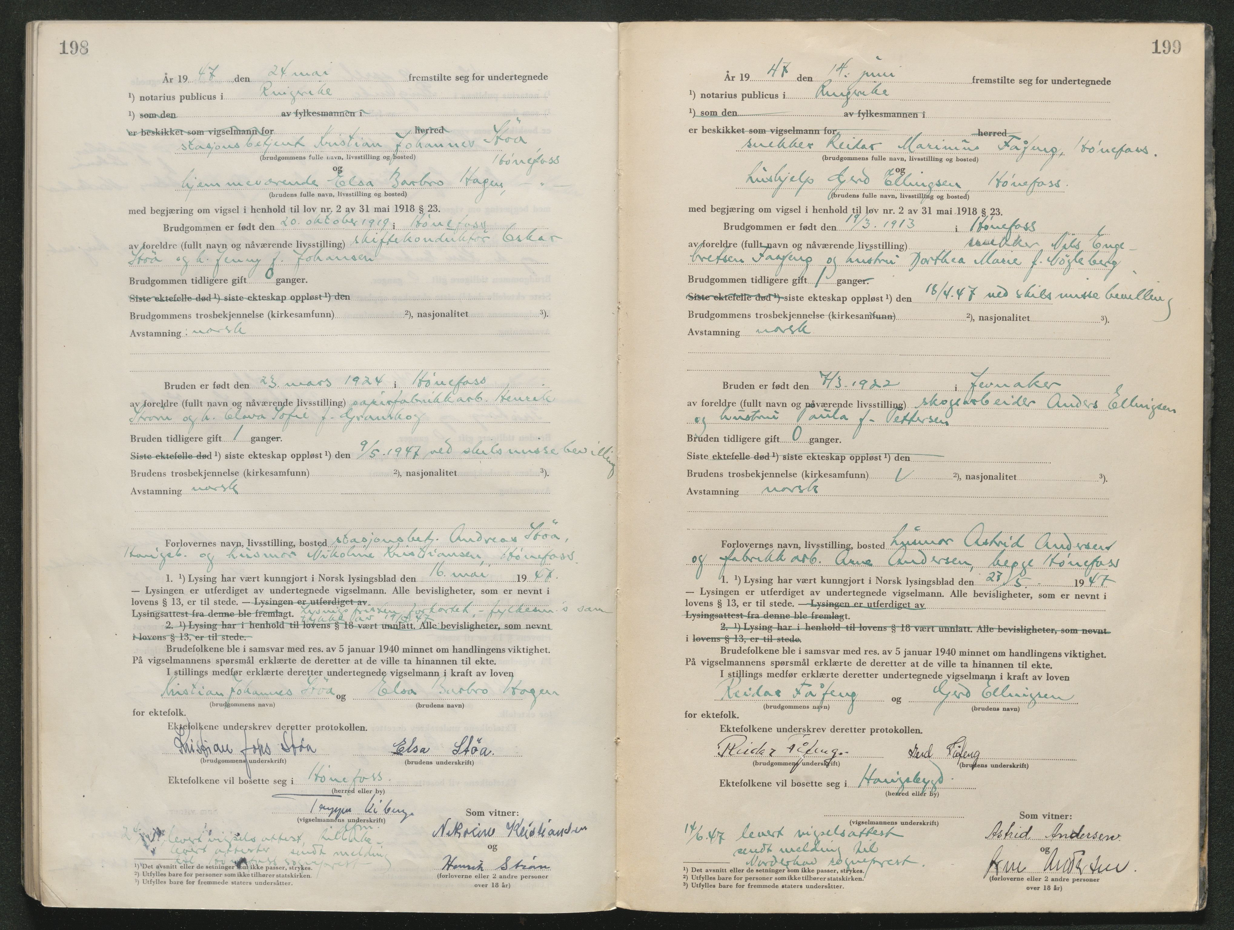 Ringerike sorenskriveri, AV/SAKO-A-105/L/Lc/L0004: Vigselsbok, 1944-1947, s. 198-199