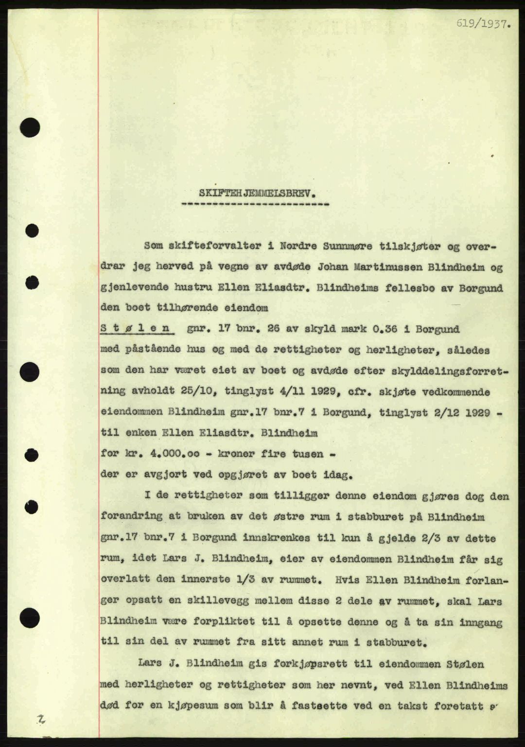 Nordre Sunnmøre sorenskriveri, SAT/A-0006/1/2/2C/2Ca: Pantebok nr. A2, 1936-1937, Dagboknr: 619/1937