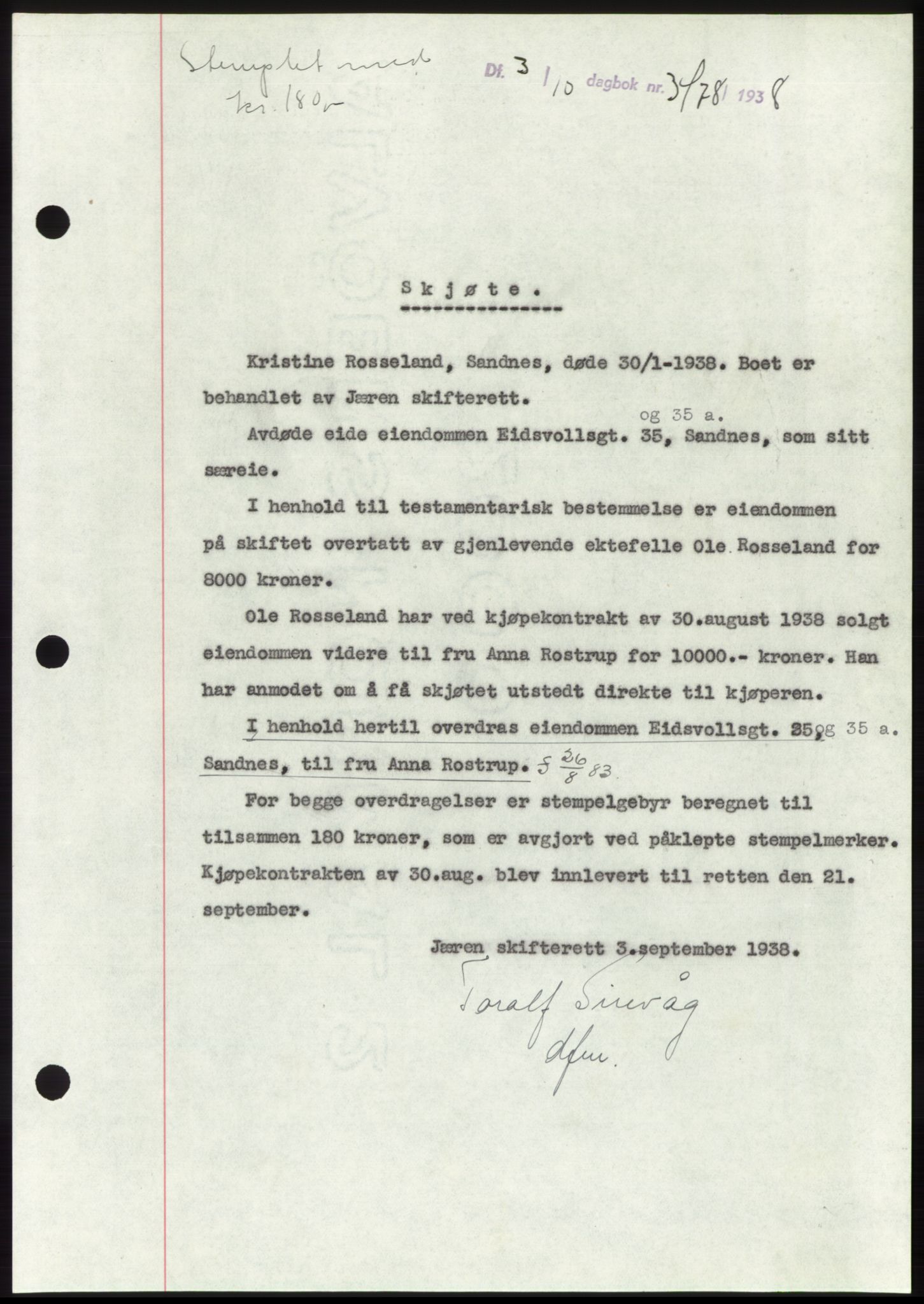 Jæren sorenskriveri, SAST/A-100310/03/G/Gba/L0072: Pantebok, 1938-1938, Dagboknr: 3478/1938