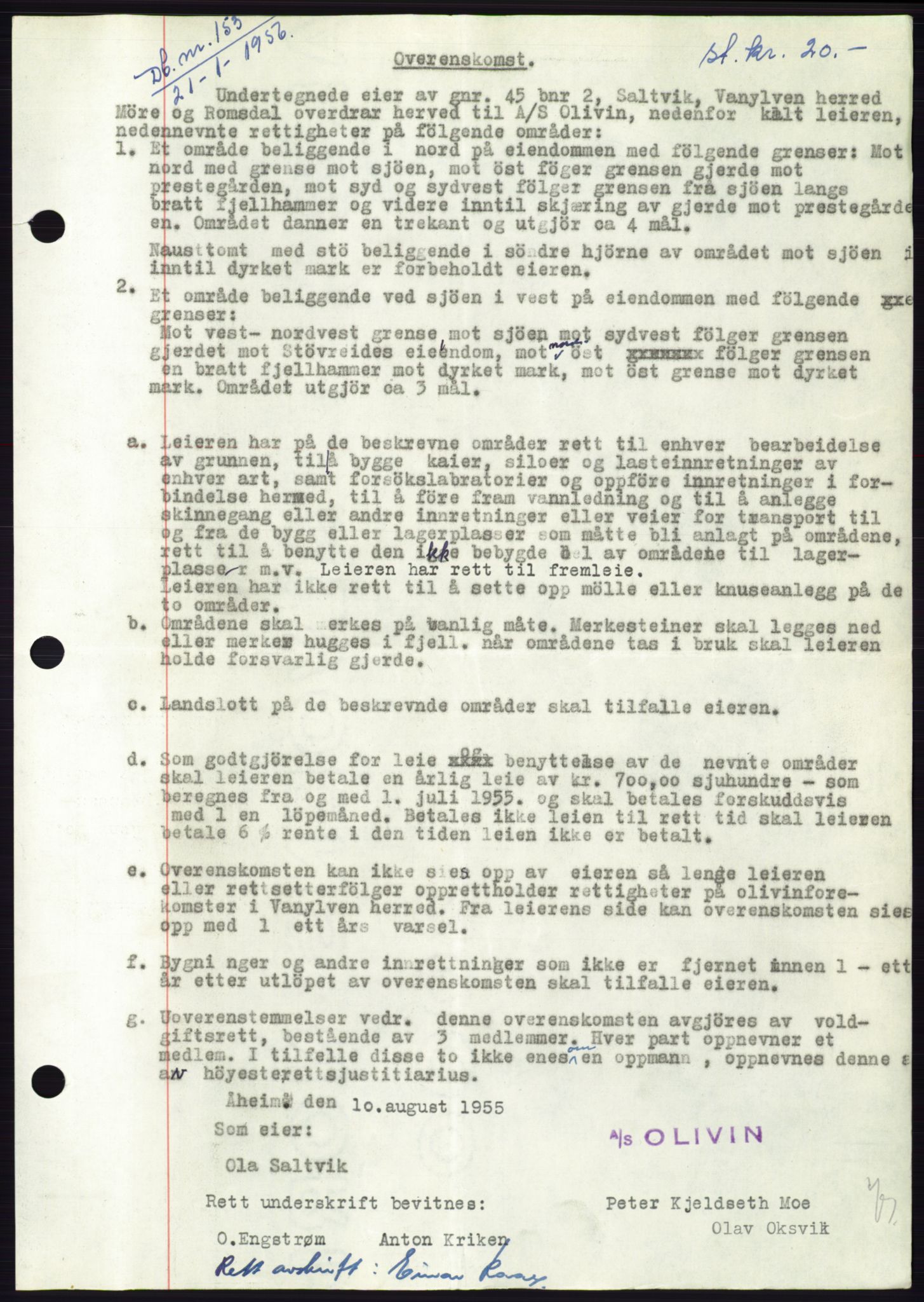 Søre Sunnmøre sorenskriveri, AV/SAT-A-4122/1/2/2C/L0102: Pantebok nr. 28A, 1955-1956, Dagboknr: 153/1956