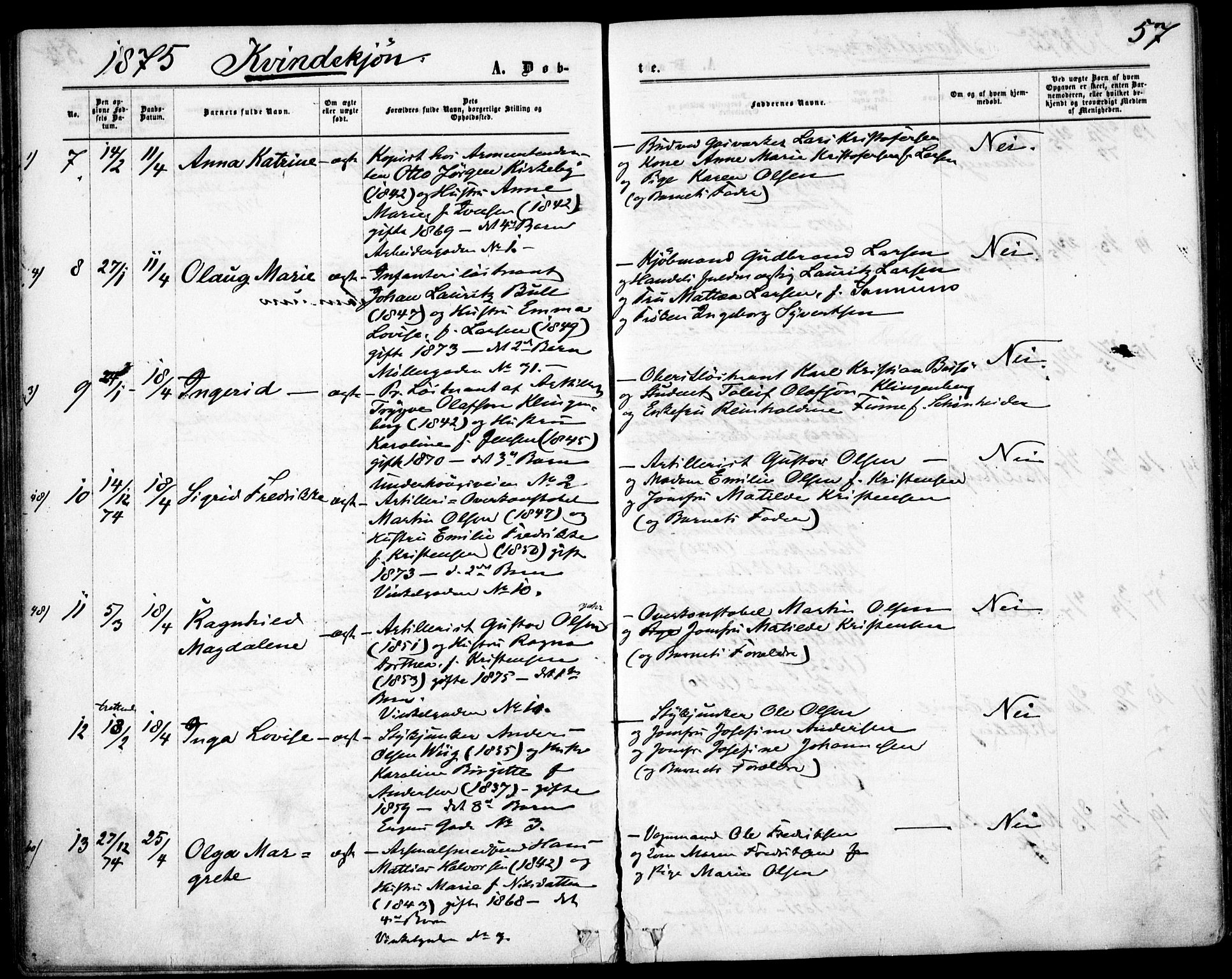 Garnisonsmenigheten Kirkebøker, AV/SAO-A-10846/F/Fa/L0011: Ministerialbok nr. 11, 1870-1880, s. 57
