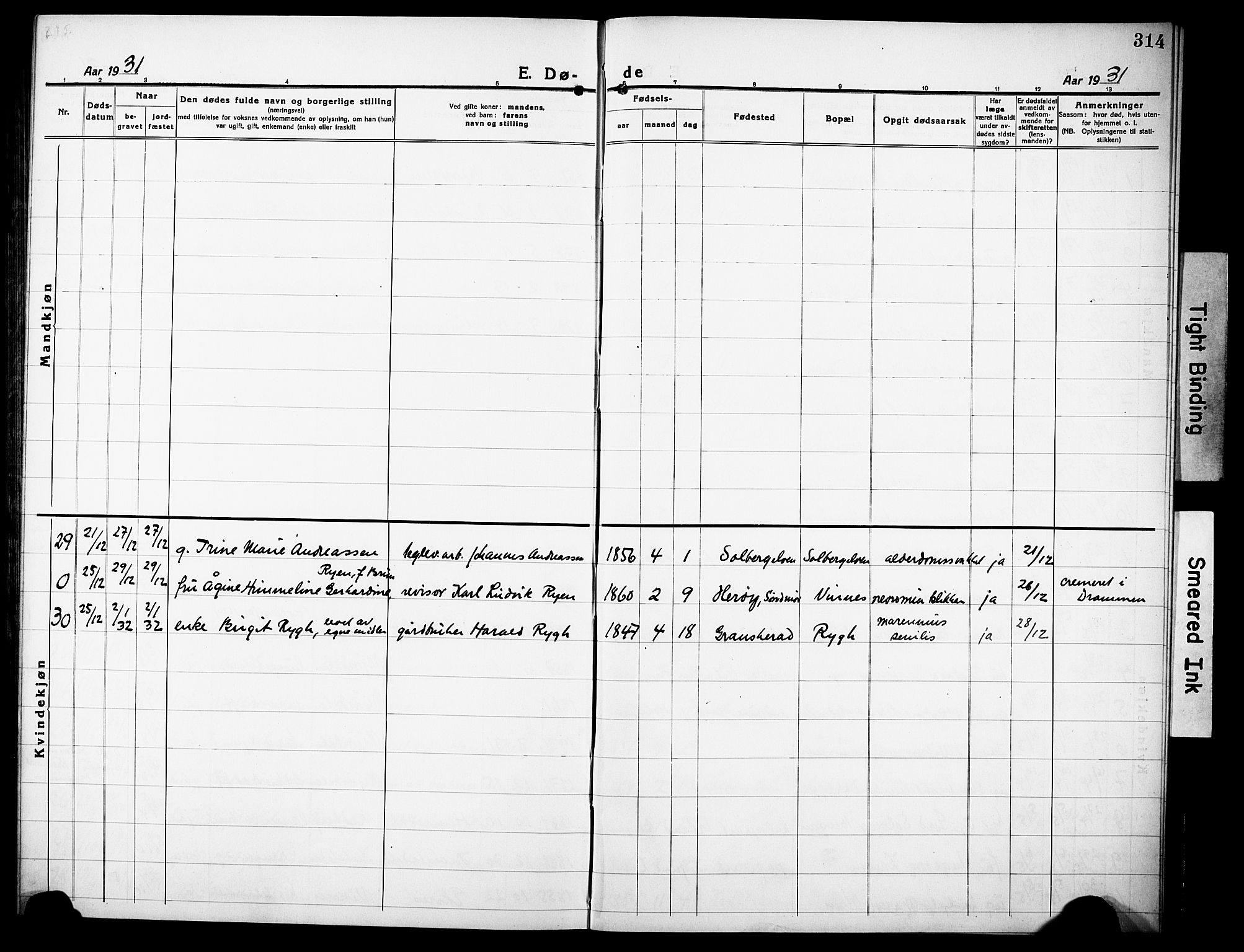 Nedre Eiker kirkebøker, AV/SAKO-A-612/G/Ga/L0006: Klokkerbok nr. 6, 1922-1933, s. 314