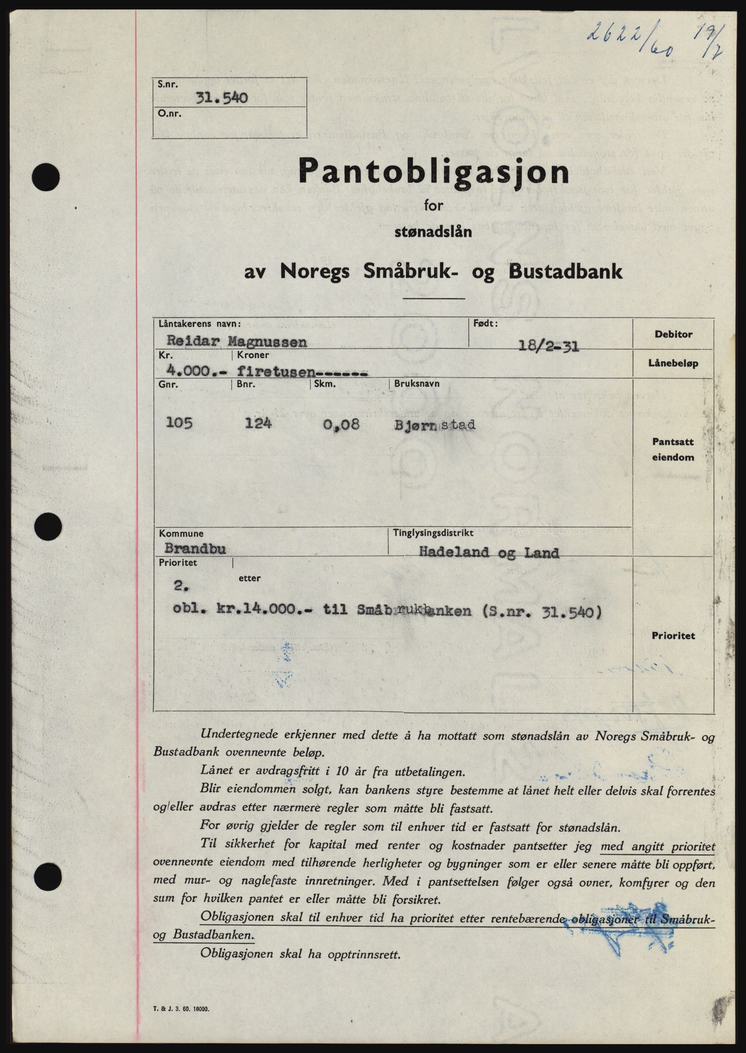 Hadeland og Land tingrett, SAH/TING-010/H/Hb/Hbc/L0043: Pantebok nr. B43, 1960-1960, Dagboknr: 2622/1960