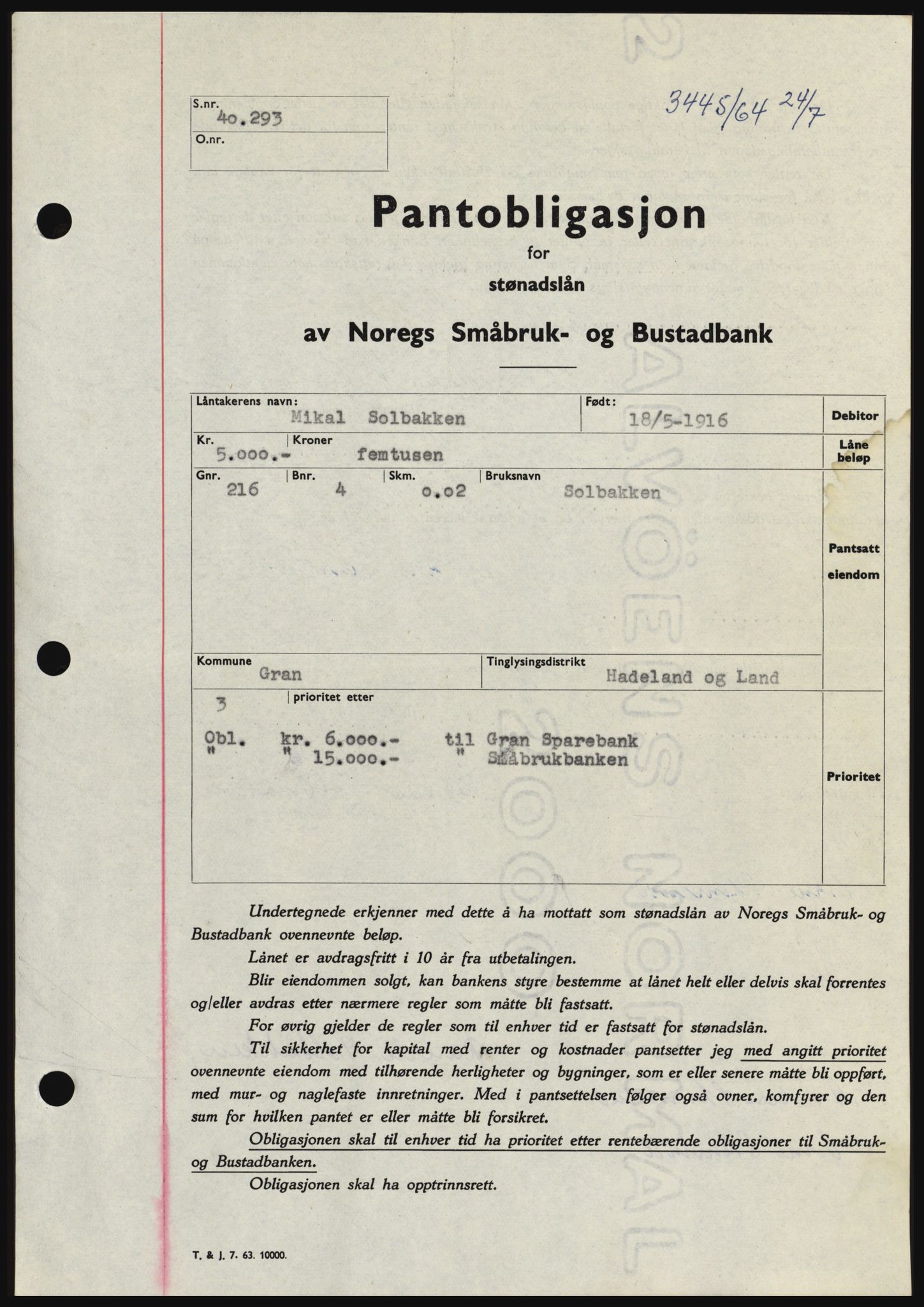 Hadeland og Land tingrett, SAH/TING-010/H/Hb/Hbc/L0055: Pantebok nr. B55, 1964-1964, Dagboknr: 3445/1964