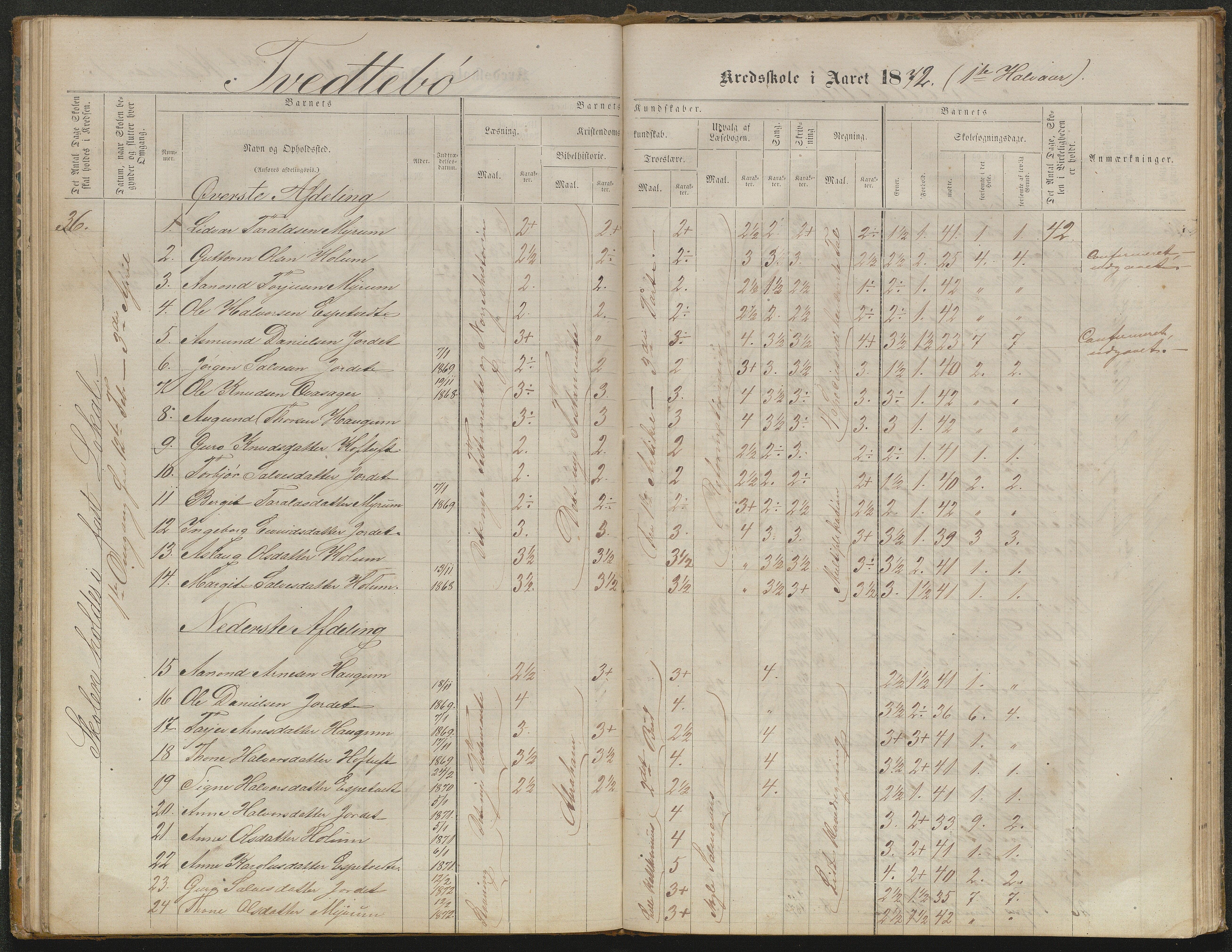 Valle kommune, AAKS/KA0940-PK/03/L0052: Karakterprotokoll for Homme skule. Karakterprotokoll for Oveinang skule. Karakterprotokoll for Tveitebø skule. Karakterprotokoll for den frivillige undervisning i Homme, 1863-1882