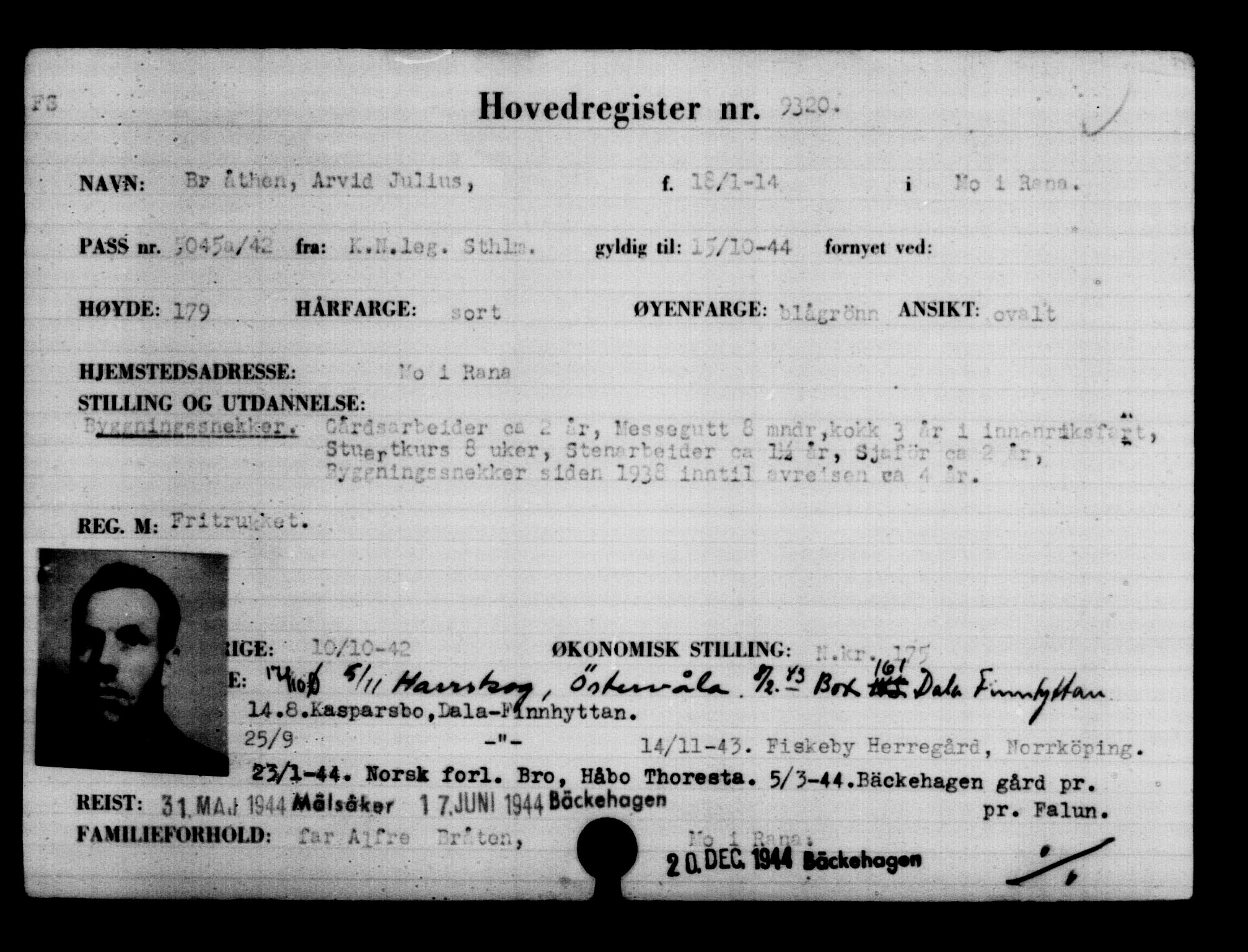 Utenriksstasjonene, Legasjonen i Stockholm, Flyktningkontoret, AV/RA-S-6753/V/Va/L0005: Kjesäterkartoteket, flyktninger med registreringsnr. 6600-9417, 1940-1945, s. 3211