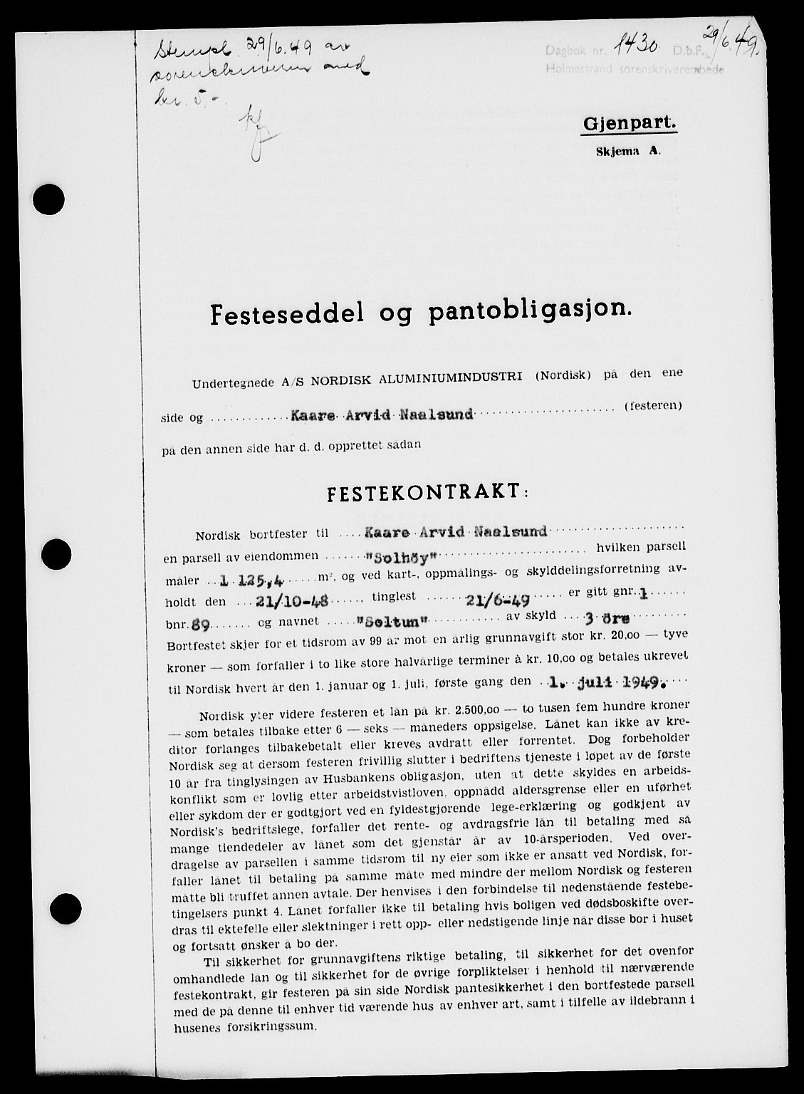 Holmestrand sorenskriveri, SAKO/A-67/G/Ga/Gaa/L0067: Pantebok nr. A-67, 1949-1949, Dagboknr: 1430/1949