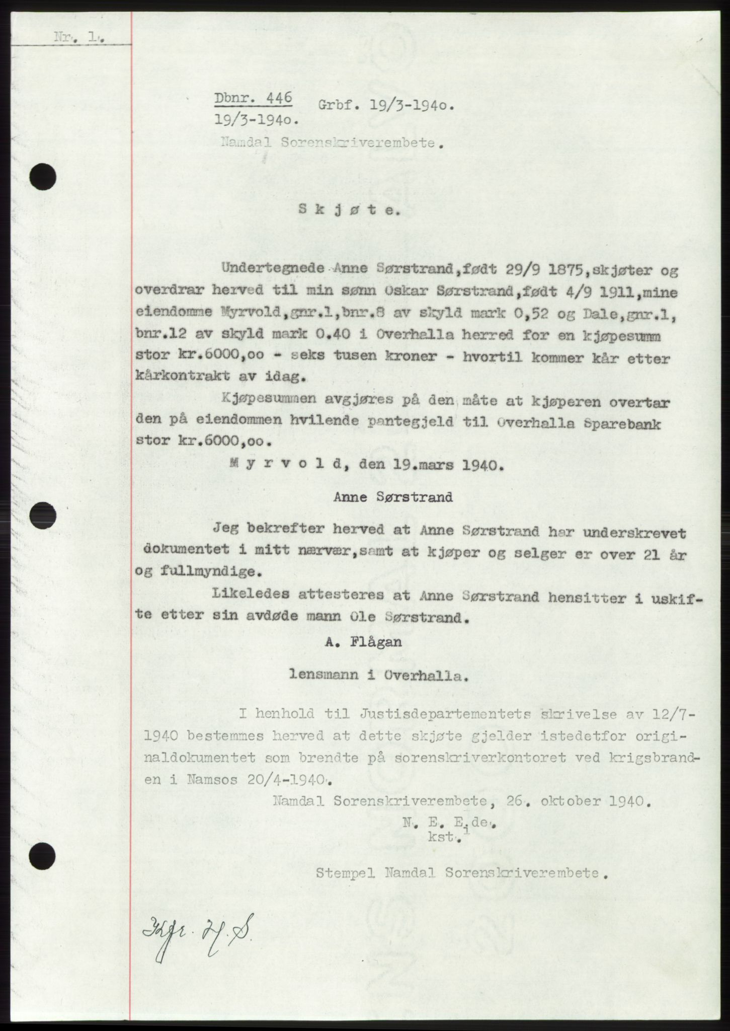 Namdal sorenskriveri, SAT/A-4133/1/2/2C: Pantebok nr. -, 1940-1941, Tingl.dato: 19.03.1940