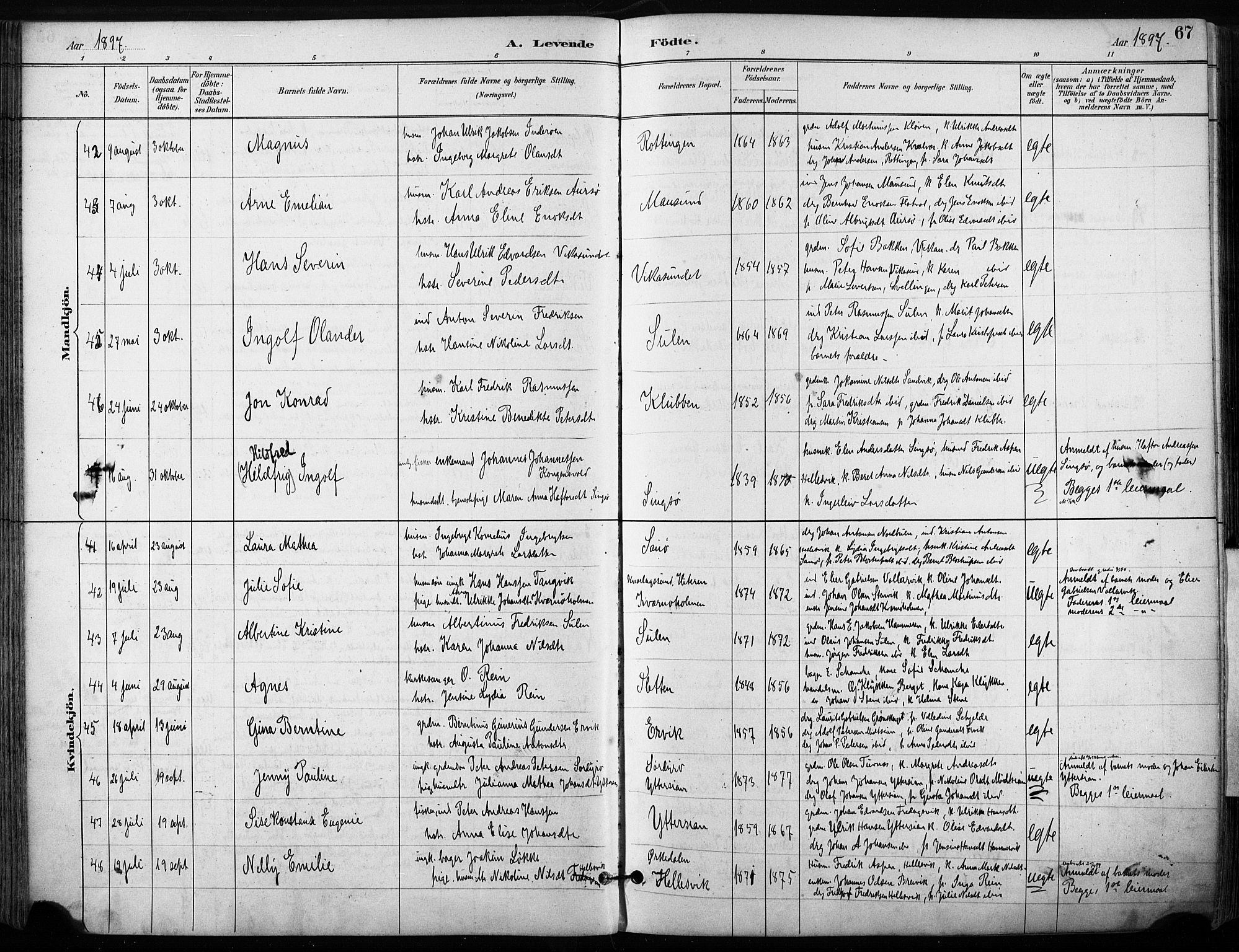 Ministerialprotokoller, klokkerbøker og fødselsregistre - Sør-Trøndelag, SAT/A-1456/640/L0579: Ministerialbok nr. 640A04, 1889-1902, s. 67