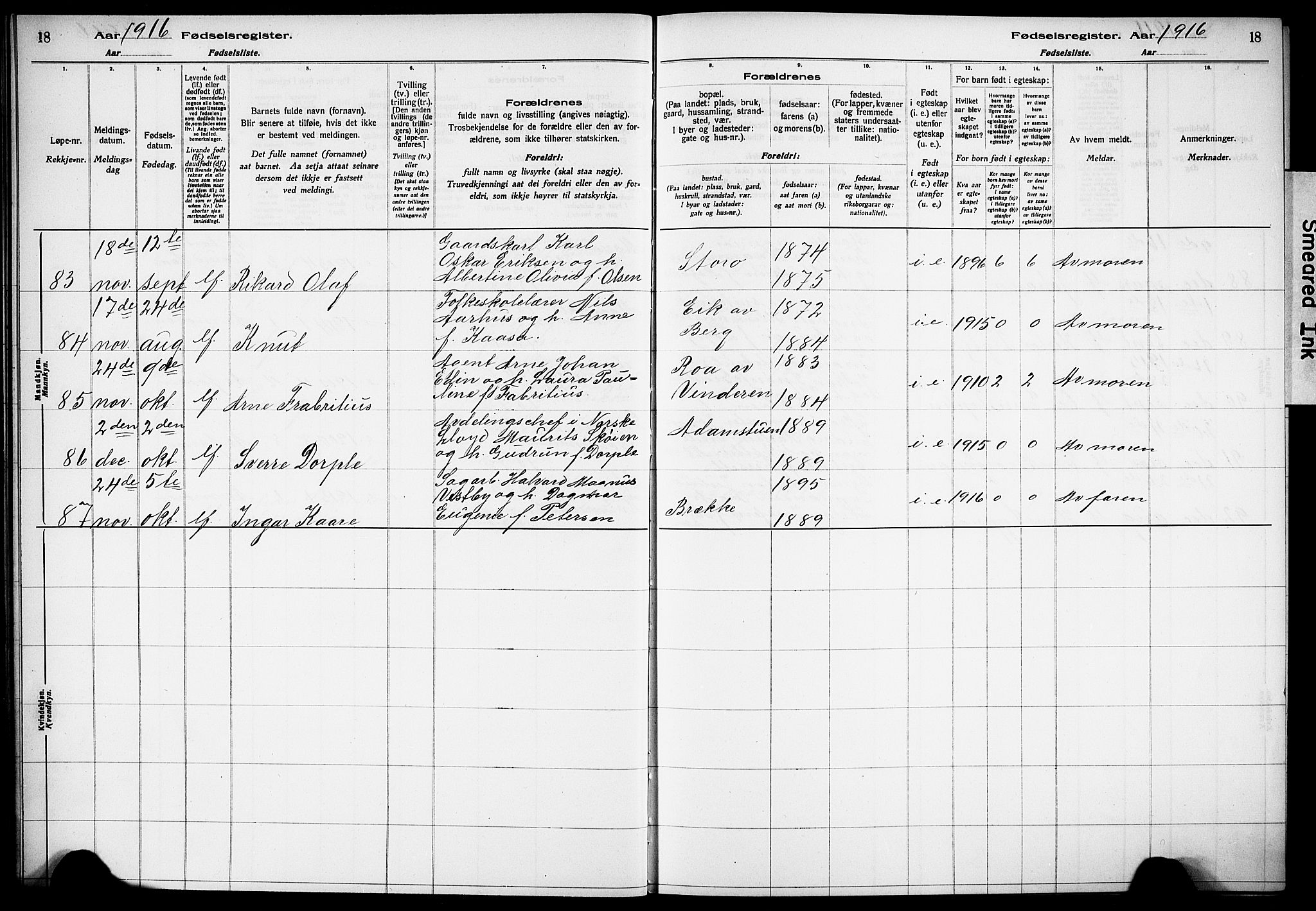 Vestre Aker prestekontor Kirkebøker, AV/SAO-A-10025/J/Ja/L0001: Fødselsregister nr. 1, 1916-1922, s. 18