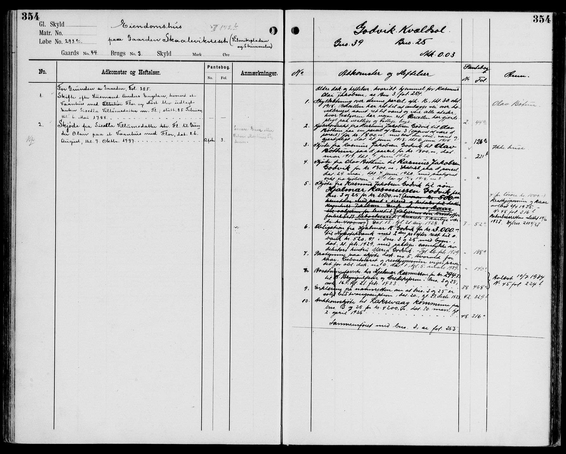 Midhordland sorenskriveri, AV/SAB-A-3001/1/G/Ga/Gab/L0107: Panteregister nr. II.A.b.107, s. 354