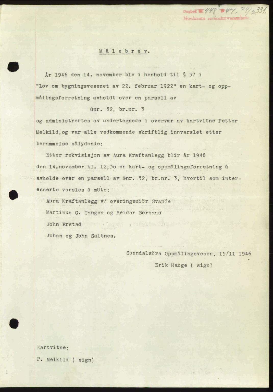 Nordmøre sorenskriveri, SAT/A-4132/1/2/2Ca: Pantebok nr. A104, 1947-1947, Dagboknr: 448/1947