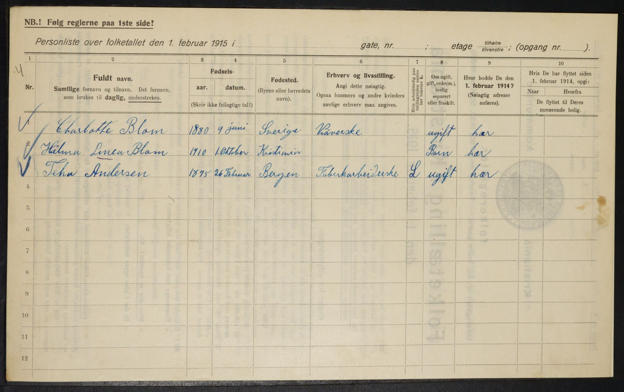 OBA, Kommunal folketelling 1.2.1915 for Kristiania, 1915, s. 41002