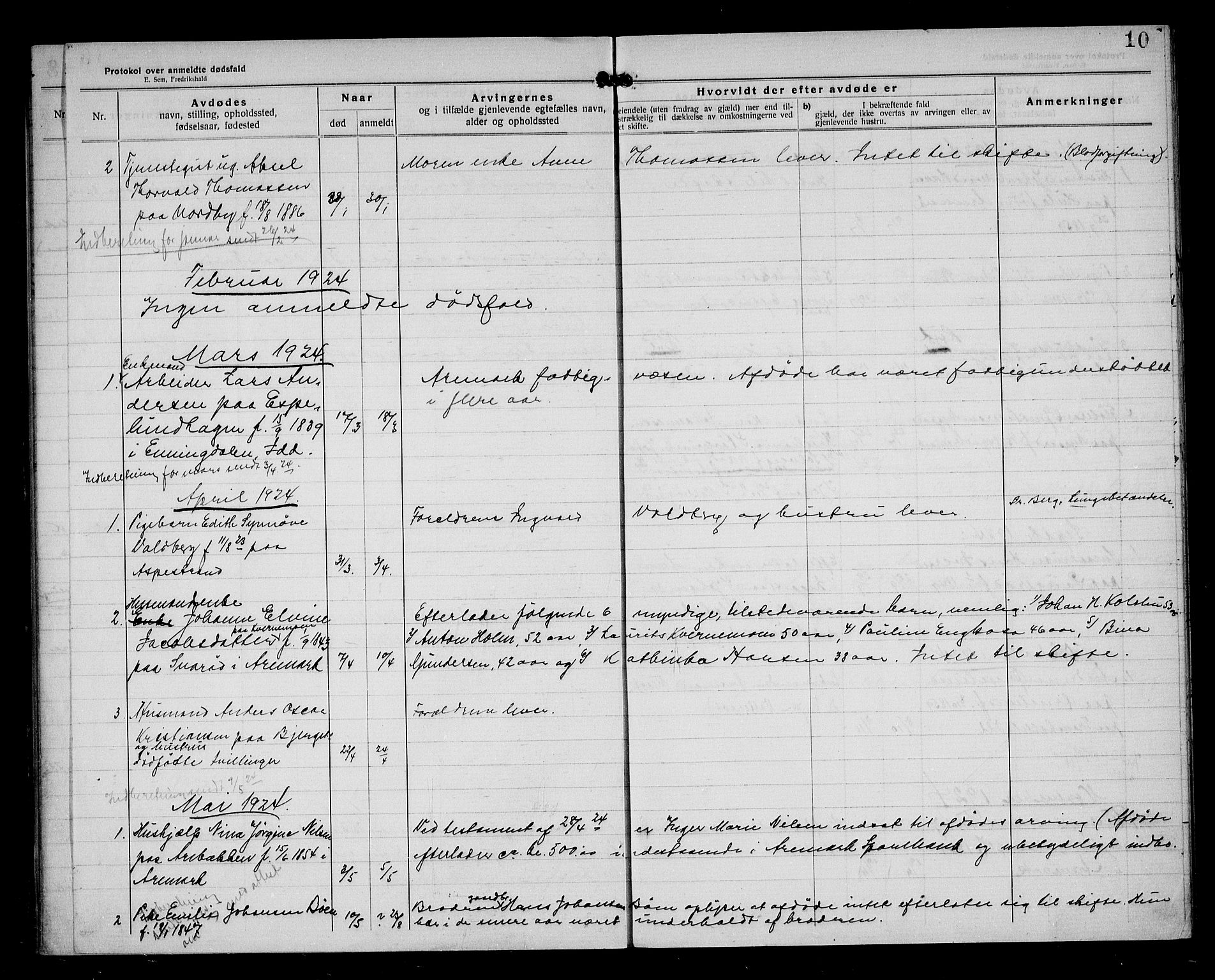 Aremark lensmannskontor, AV/SAO-A-10631/H/Ha/L0004: Dødsfallsprotokoll, 1922-1933, s. 10