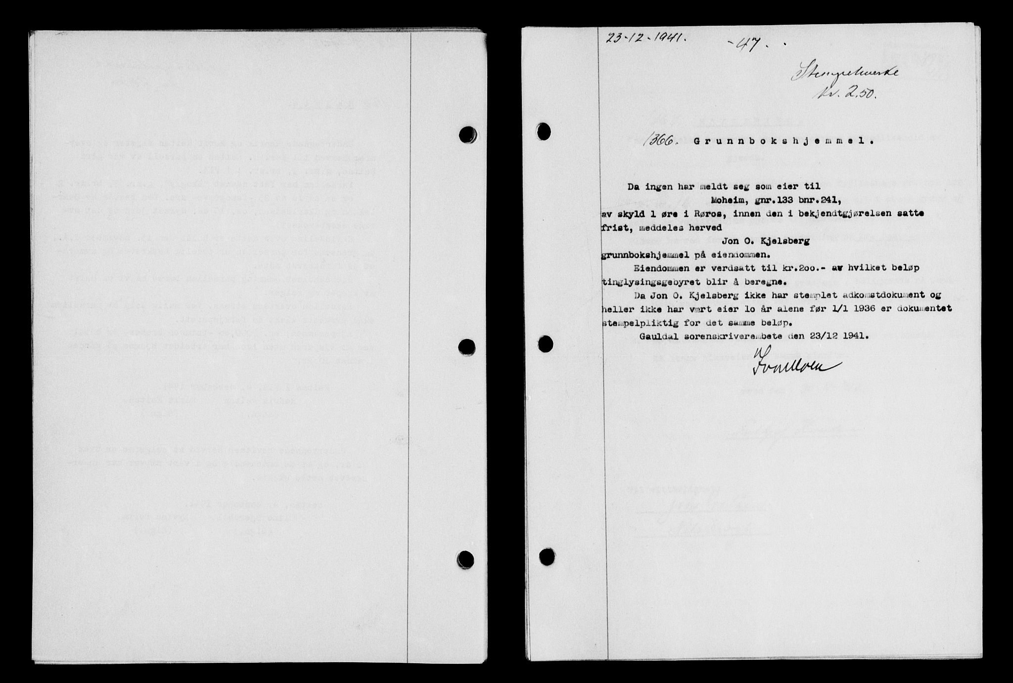 Gauldal sorenskriveri, SAT/A-0014/1/2/2C/L0054: Pantebok nr. 59, 1941-1942, Dagboknr: 1366/1941