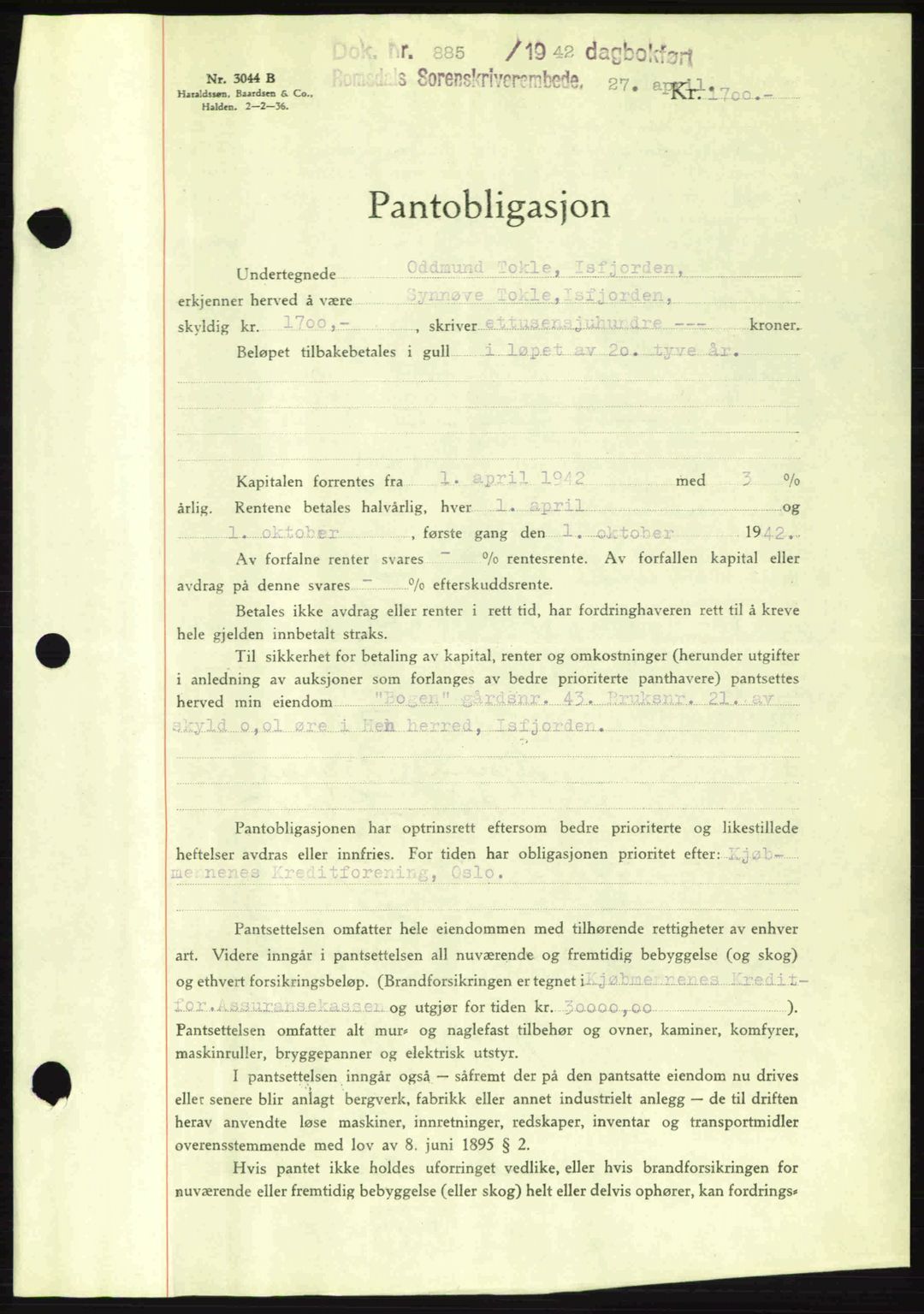 Romsdal sorenskriveri, SAT/A-4149/1/2/2C: Pantebok nr. B2, 1939-1945, Dagboknr: 885/1942