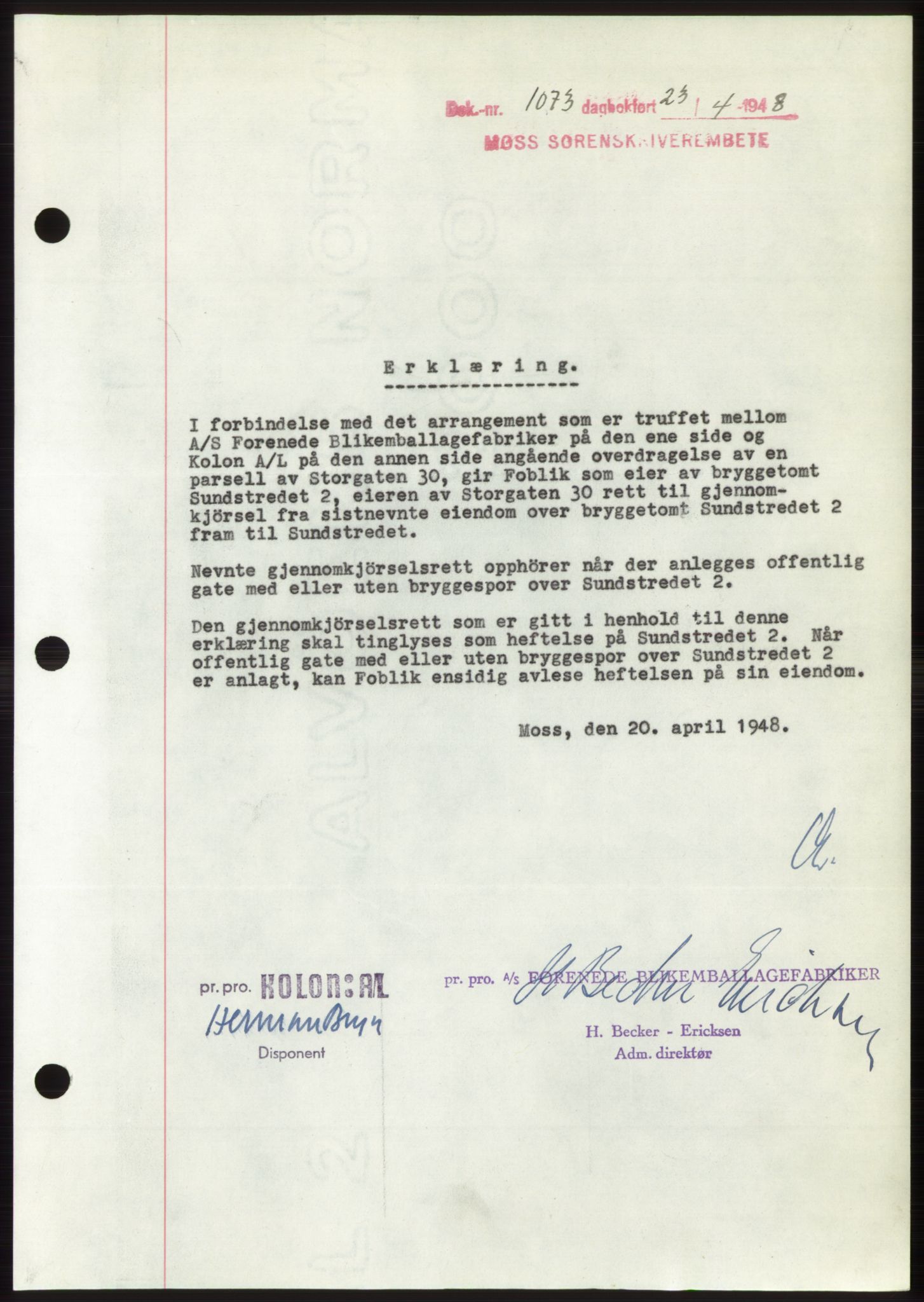 Moss sorenskriveri, SAO/A-10168: Pantebok nr. B19, 1948-1948, Dagboknr: 1073/1948