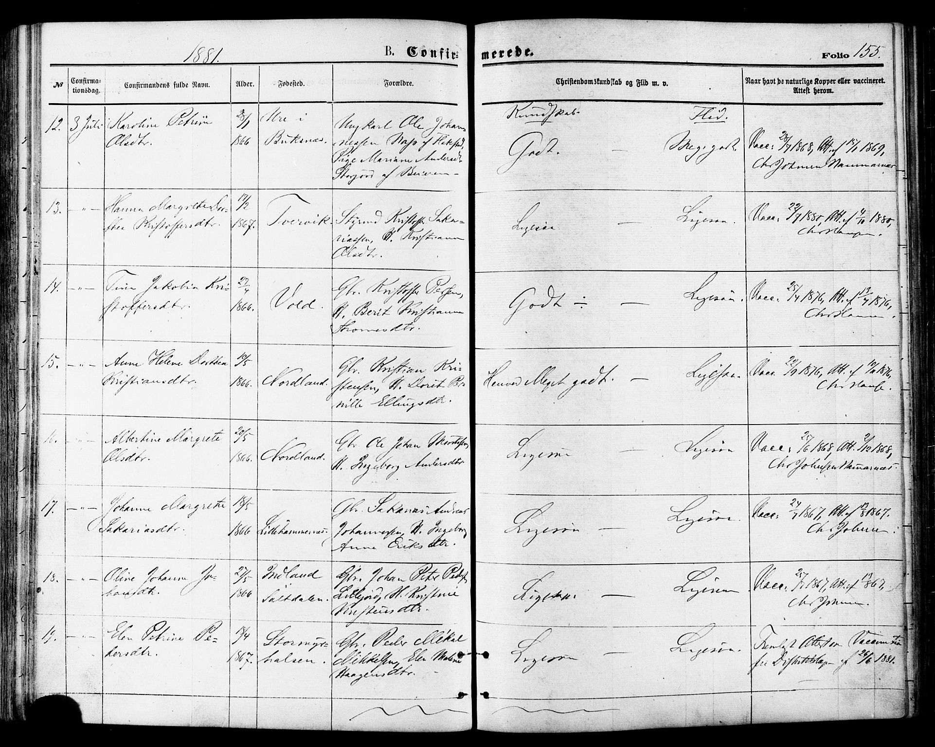 Ministerialprotokoller, klokkerbøker og fødselsregistre - Nordland, SAT/A-1459/846/L0645: Ministerialbok nr. 846A03, 1872-1886, s. 155