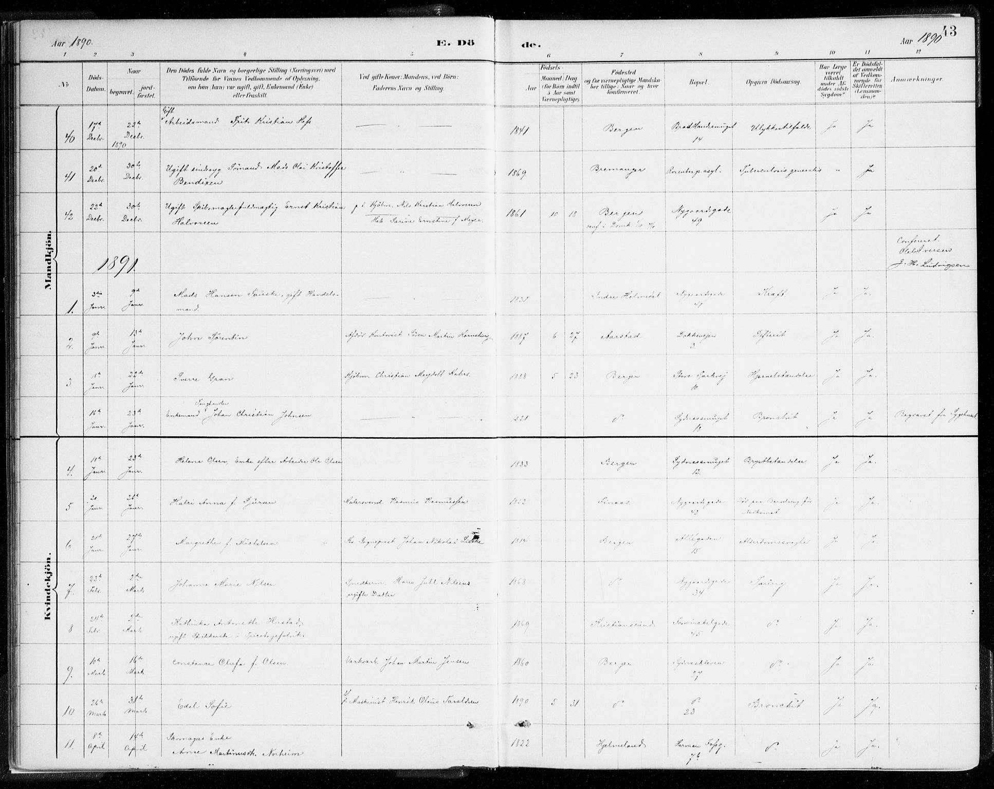 Johanneskirken sokneprestembete, AV/SAB-A-76001/H/Haa/L0019: Ministerialbok nr. E 1, 1885-1915, s. 43