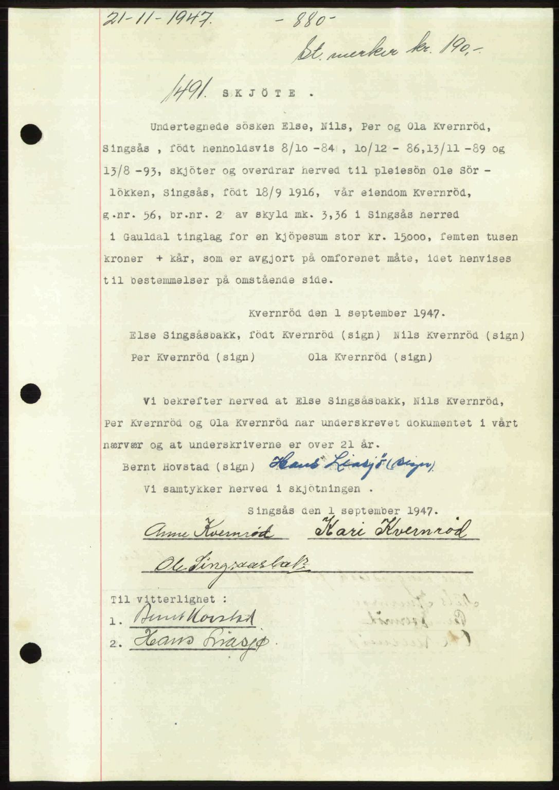 Gauldal sorenskriveri, SAT/A-0014/1/2/2C: Pantebok nr. A5, 1947-1948, Dagboknr: 1491/1947