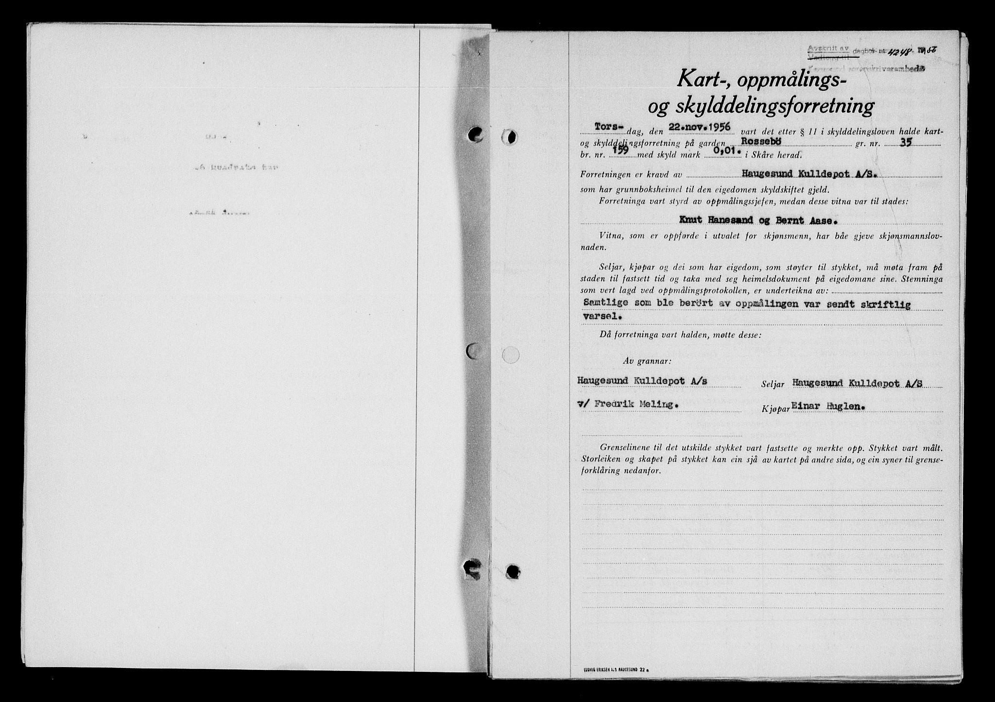 Karmsund sorenskriveri, SAST/A-100311/01/II/IIB/L0122: Pantebok nr. 102A, 1956-1956, Dagboknr: 4248/1956