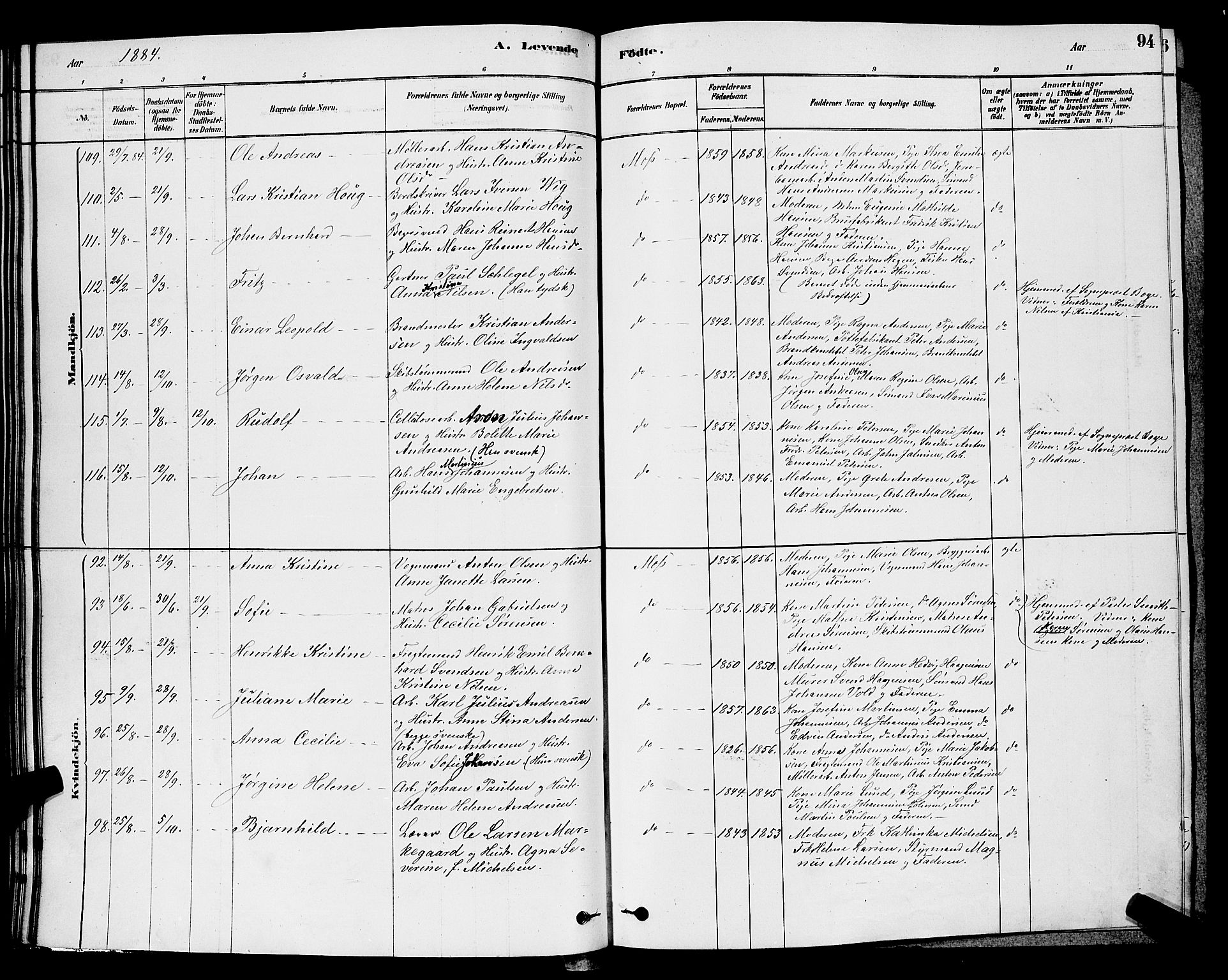 Moss prestekontor Kirkebøker, AV/SAO-A-2003/G/Ga/L0005: Klokkerbok nr. I 5, 1878-1888, s. 94