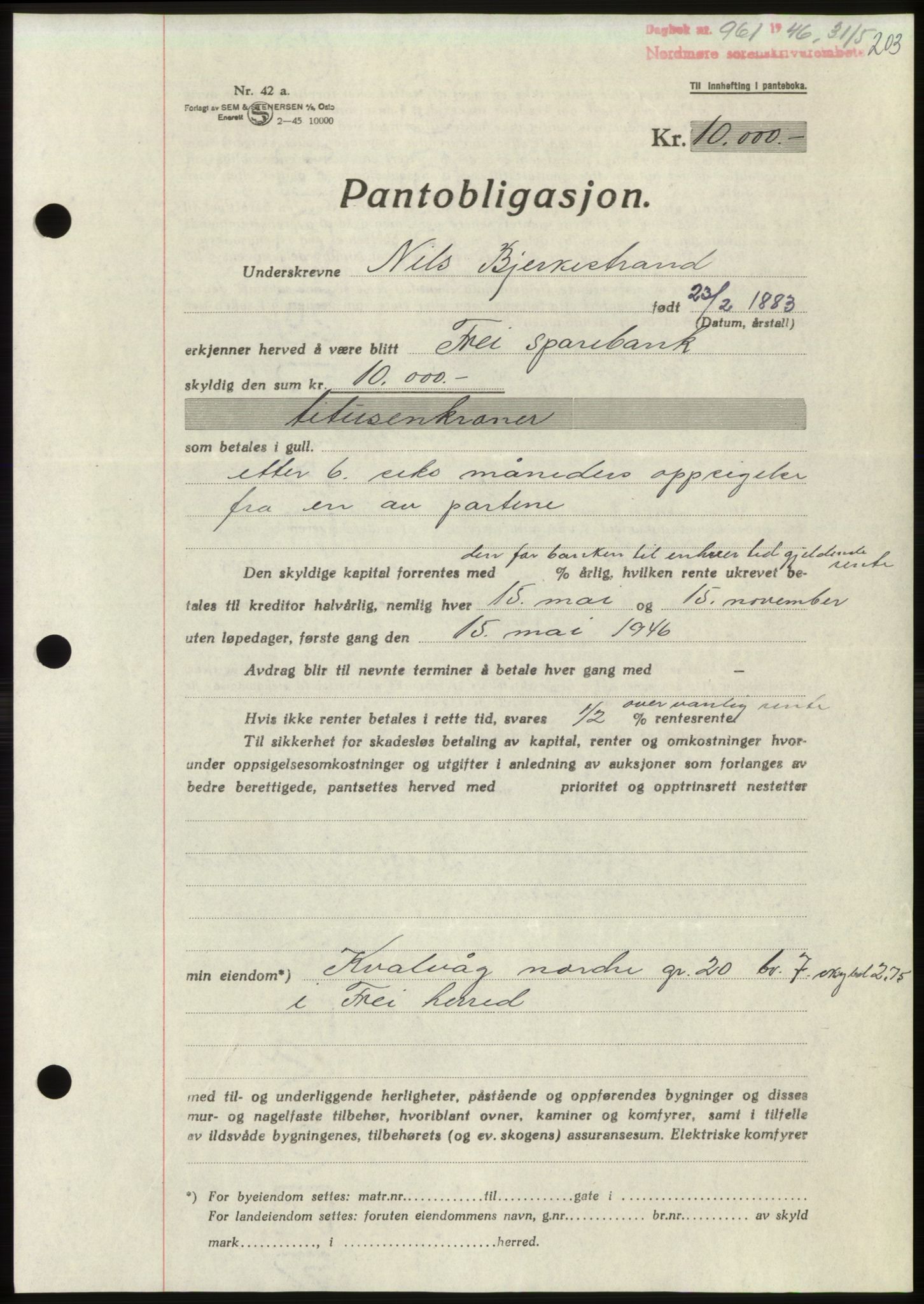 Nordmøre sorenskriveri, SAT/A-4132/1/2/2Ca: Pantebok nr. B94, 1946-1946, Dagboknr: 961/1946