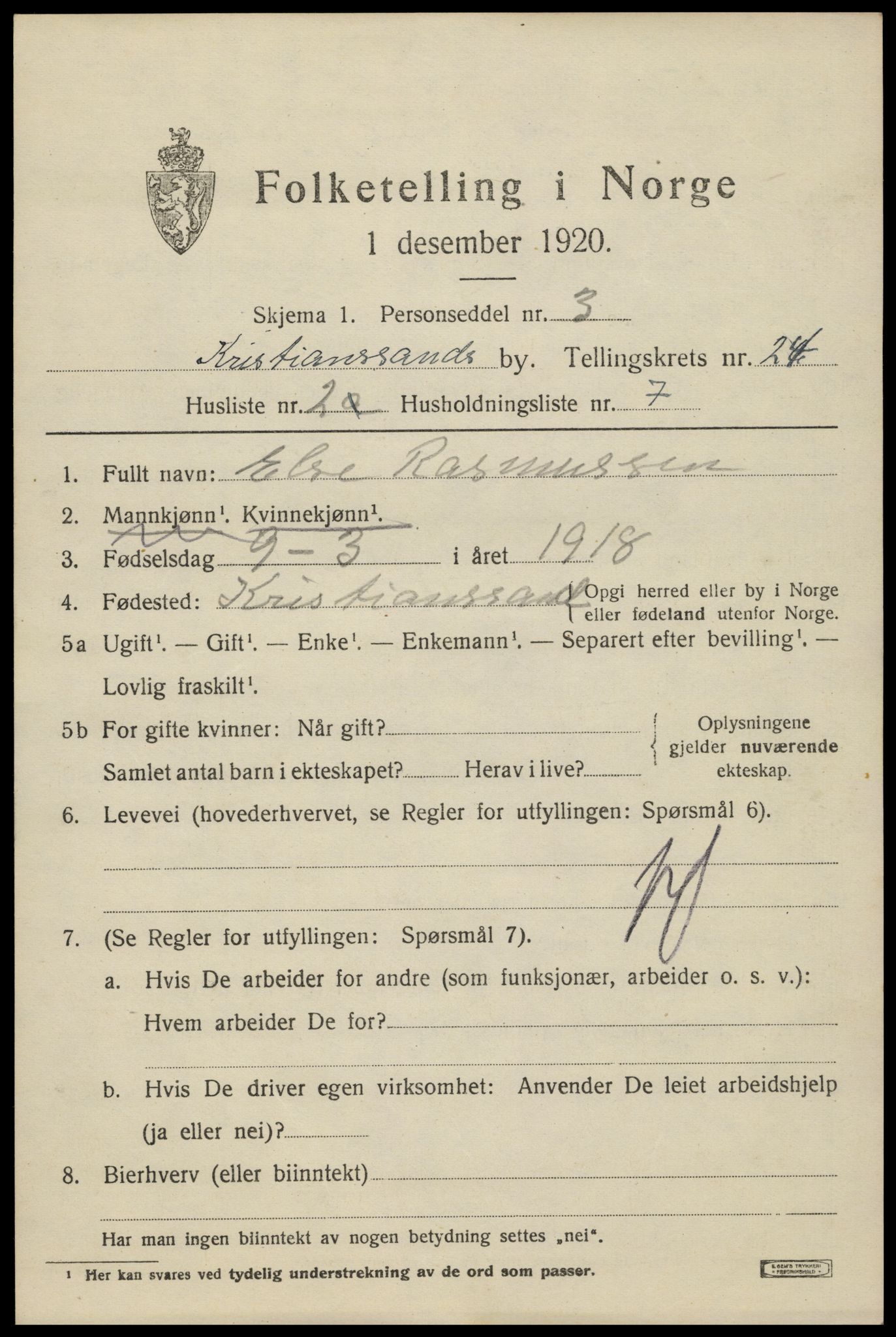 SAK, Folketelling 1920 for 1001 Kristiansand kjøpstad, 1920, s. 42289