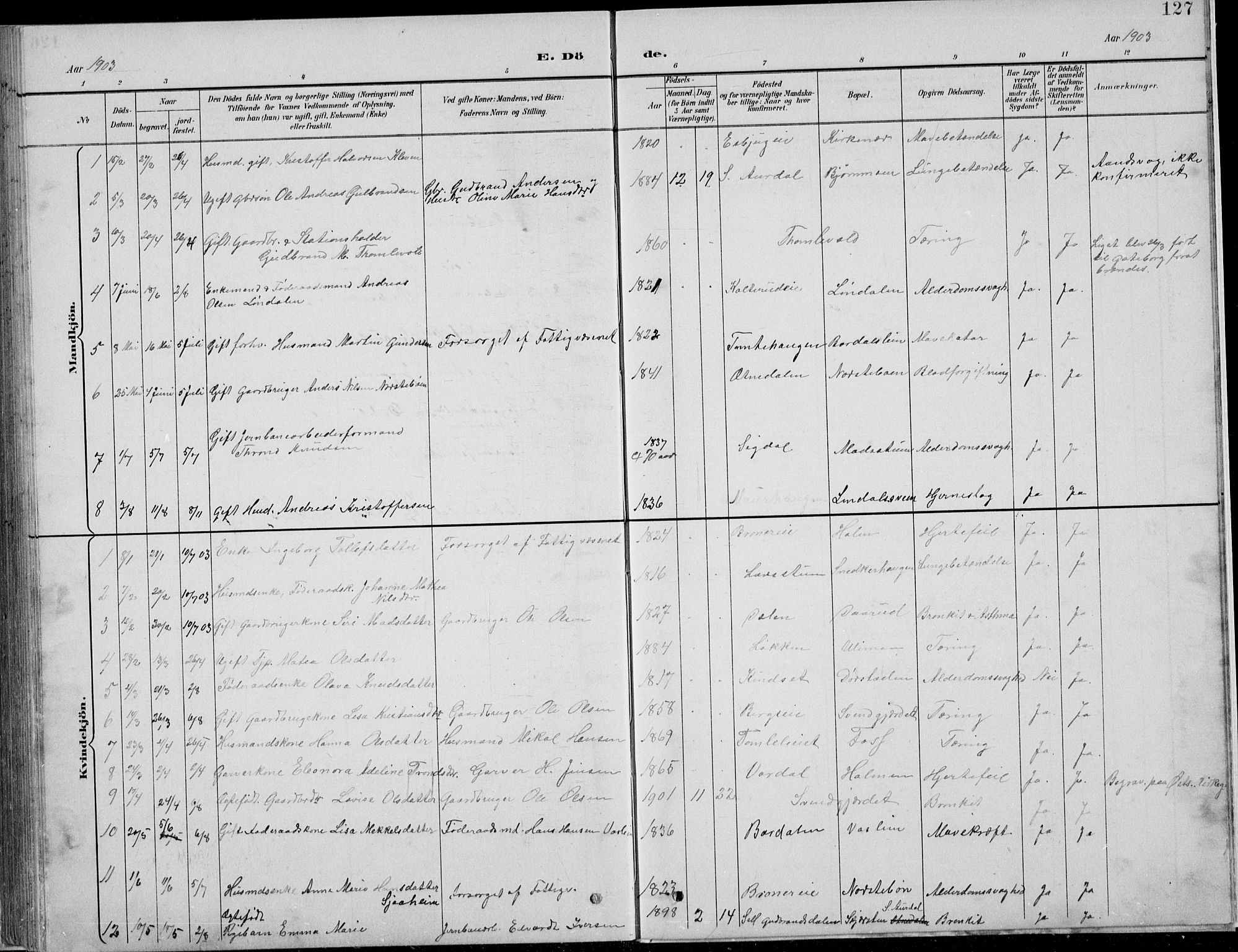 Nordre Land prestekontor, AV/SAH-PREST-124/H/Ha/Hab/L0013: Klokkerbok nr. 13, 1891-1904, s. 127