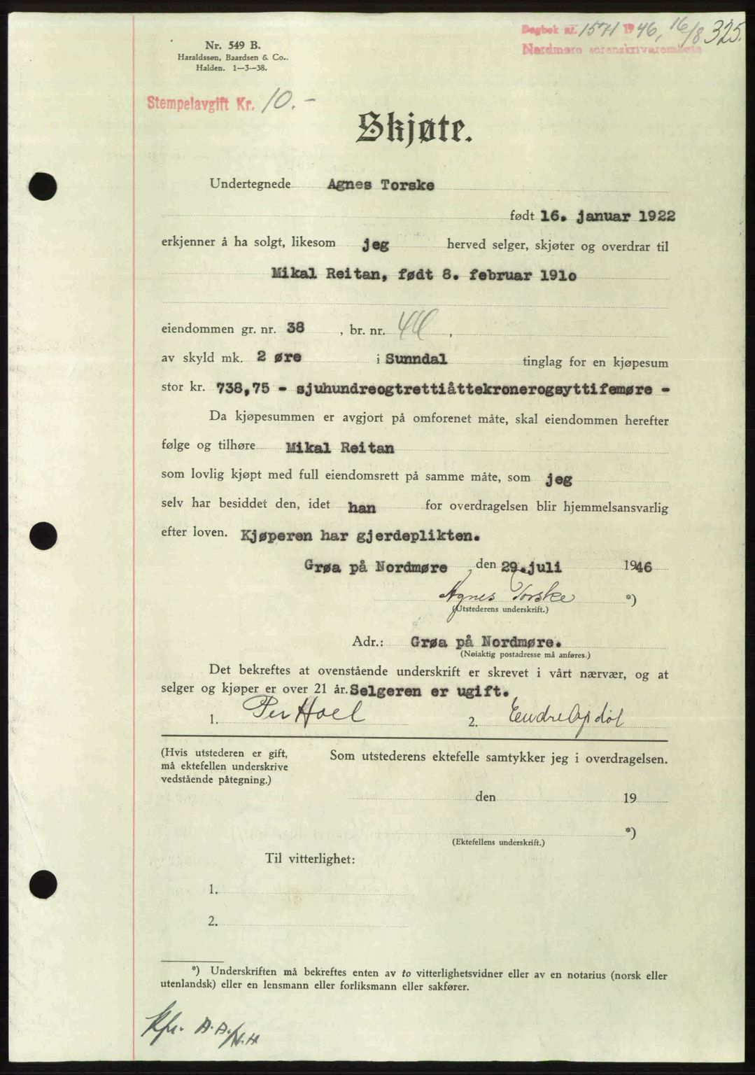 Nordmøre sorenskriveri, AV/SAT-A-4132/1/2/2Ca: Pantebok nr. A102, 1946-1946, Dagboknr: 1571/1946