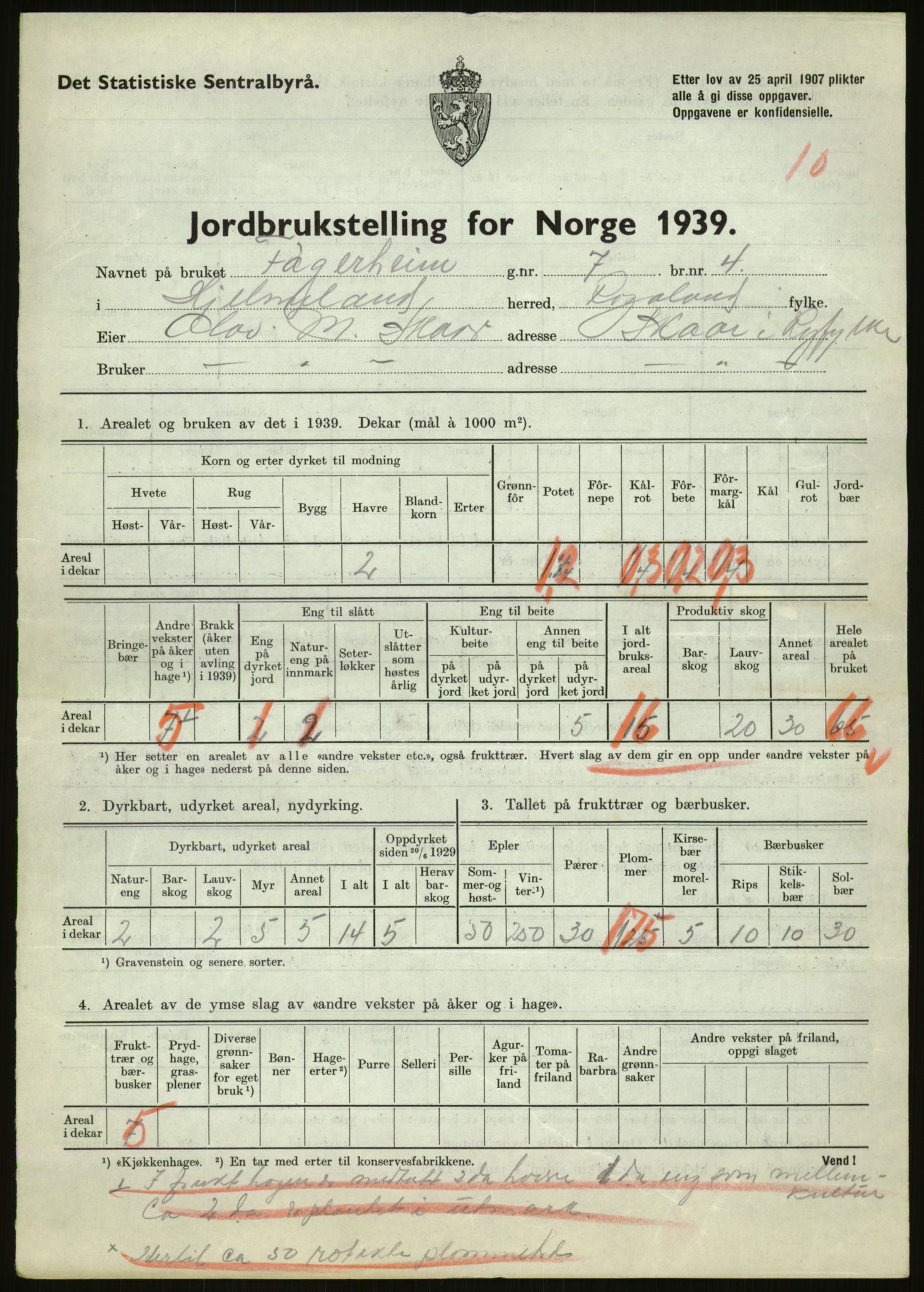 Statistisk sentralbyrå, Næringsøkonomiske emner, Jordbruk, skogbruk, jakt, fiske og fangst, AV/RA-S-2234/G/Gb/L0184: Rogaland: Årdal, Fister og Hjelmeland, 1939, s. 1279