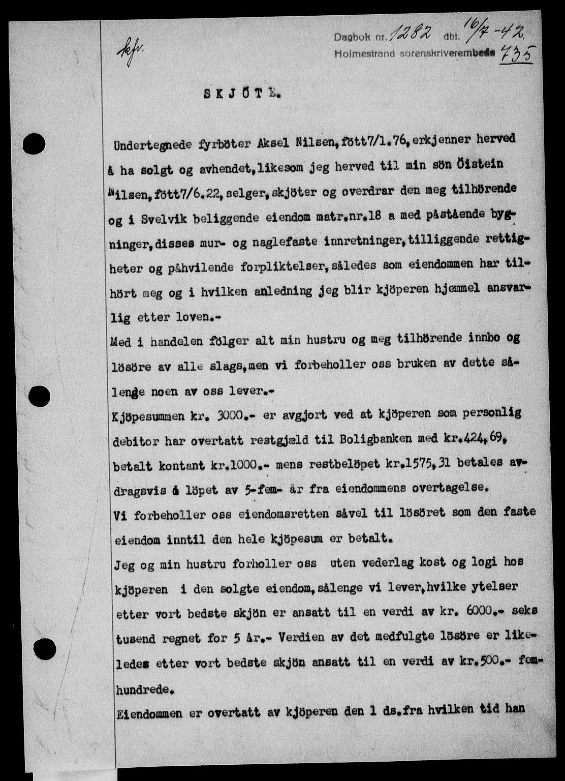 Holmestrand sorenskriveri, SAKO/A-67/G/Ga/Gaa/L0055: Pantebok nr. A-55, 1942-1942, Dagboknr: 1282/1942