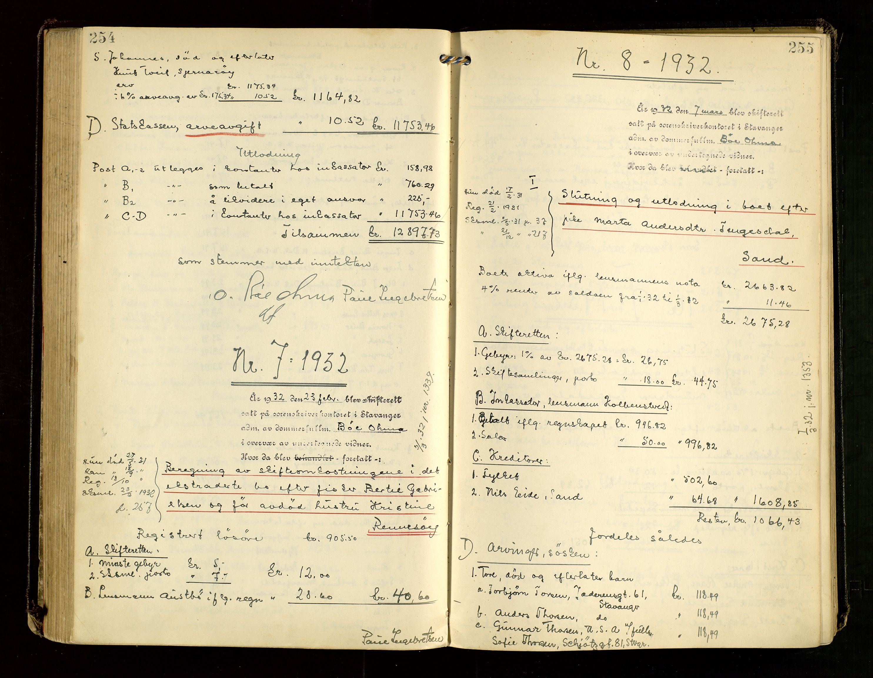 Ryfylke tingrett, AV/SAST-A-100055/001/IV/IVG/L0007: Skifteutlodningsprotokoll Med register, 1929-1933, s. 254-255