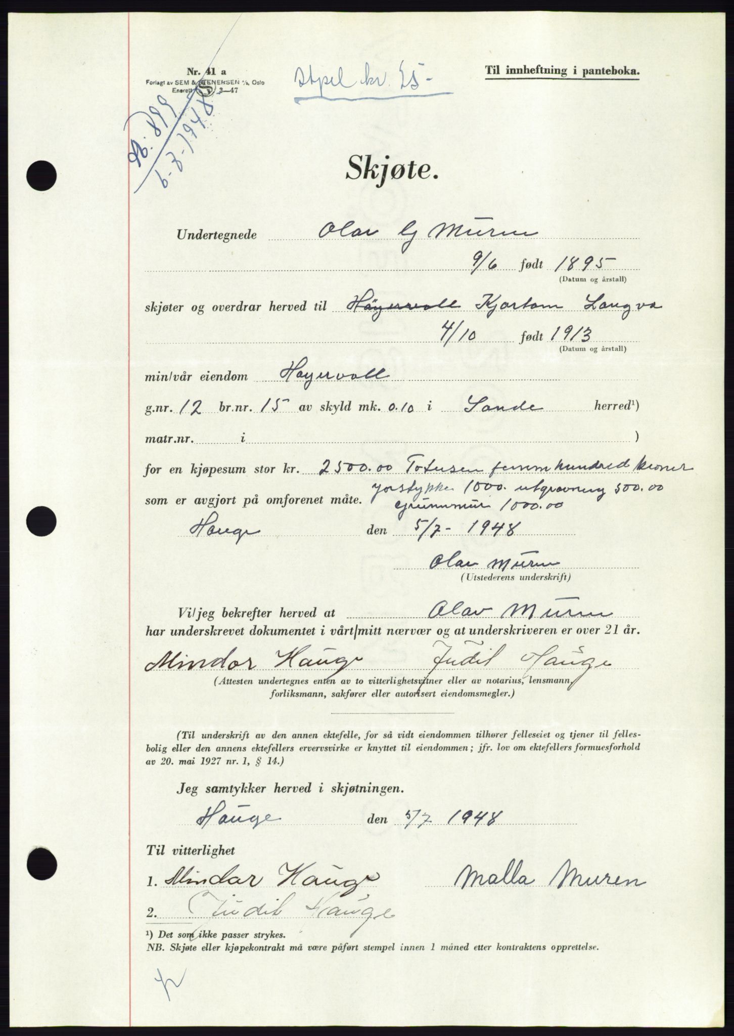 Søre Sunnmøre sorenskriveri, SAT/A-4122/1/2/2C/L0082: Pantebok nr. 8A, 1948-1948, Dagboknr: 899/1948