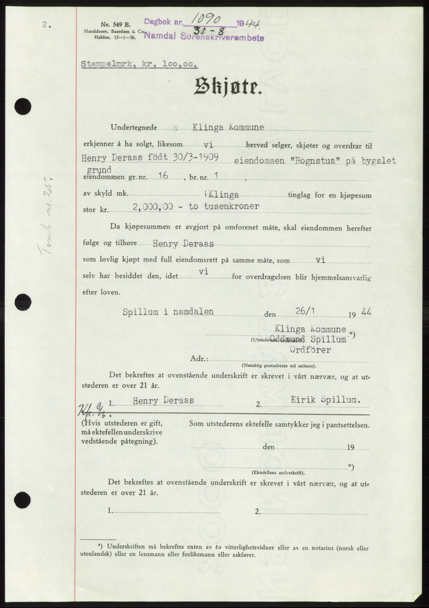 Namdal sorenskriveri, SAT/A-4133/1/2/2C: Pantebok nr. -, 1944-1945, Dagboknr: 1090/1944