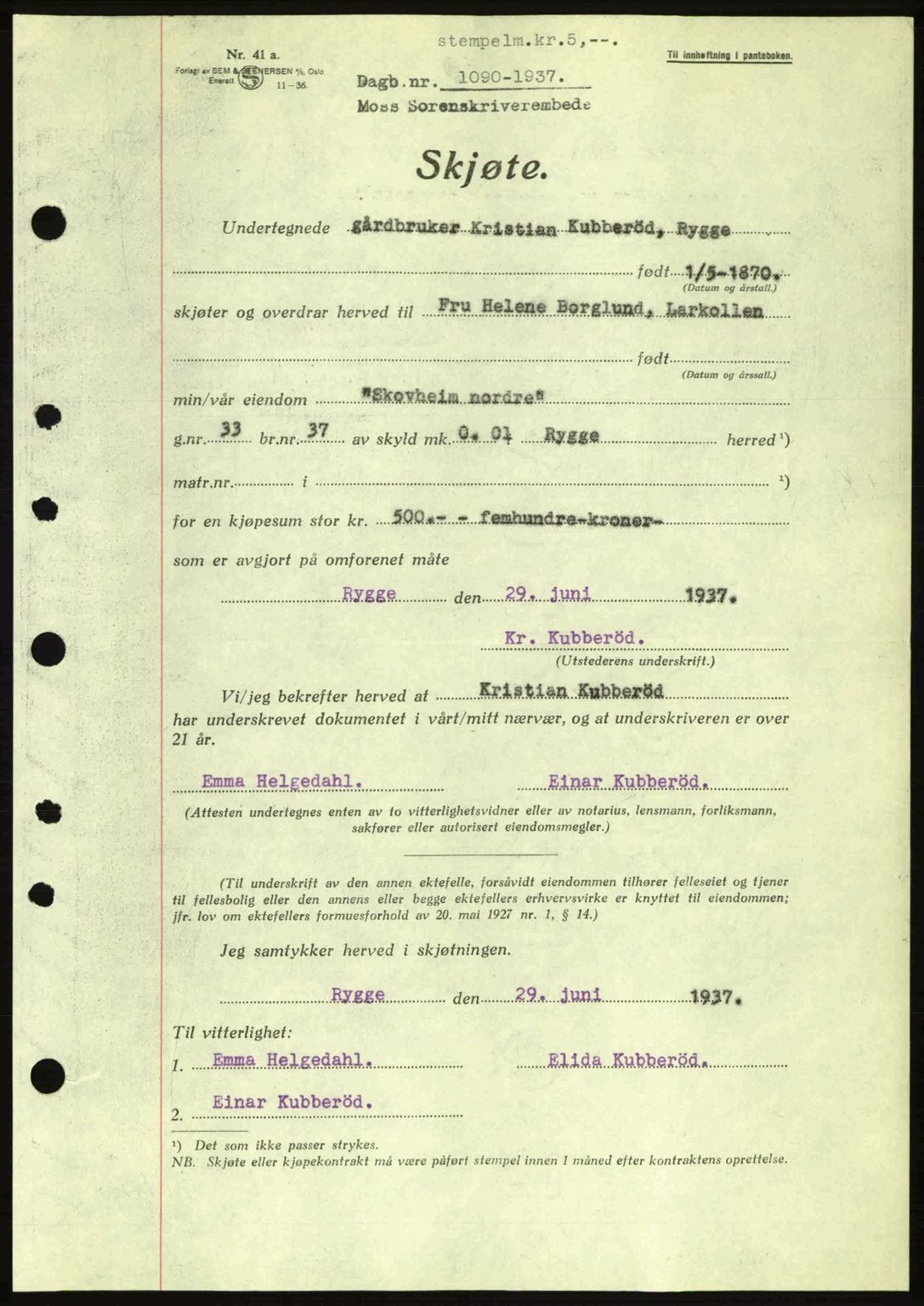 Moss sorenskriveri, SAO/A-10168: Pantebok nr. A3, 1937-1938, Dagboknr: 1090/1937