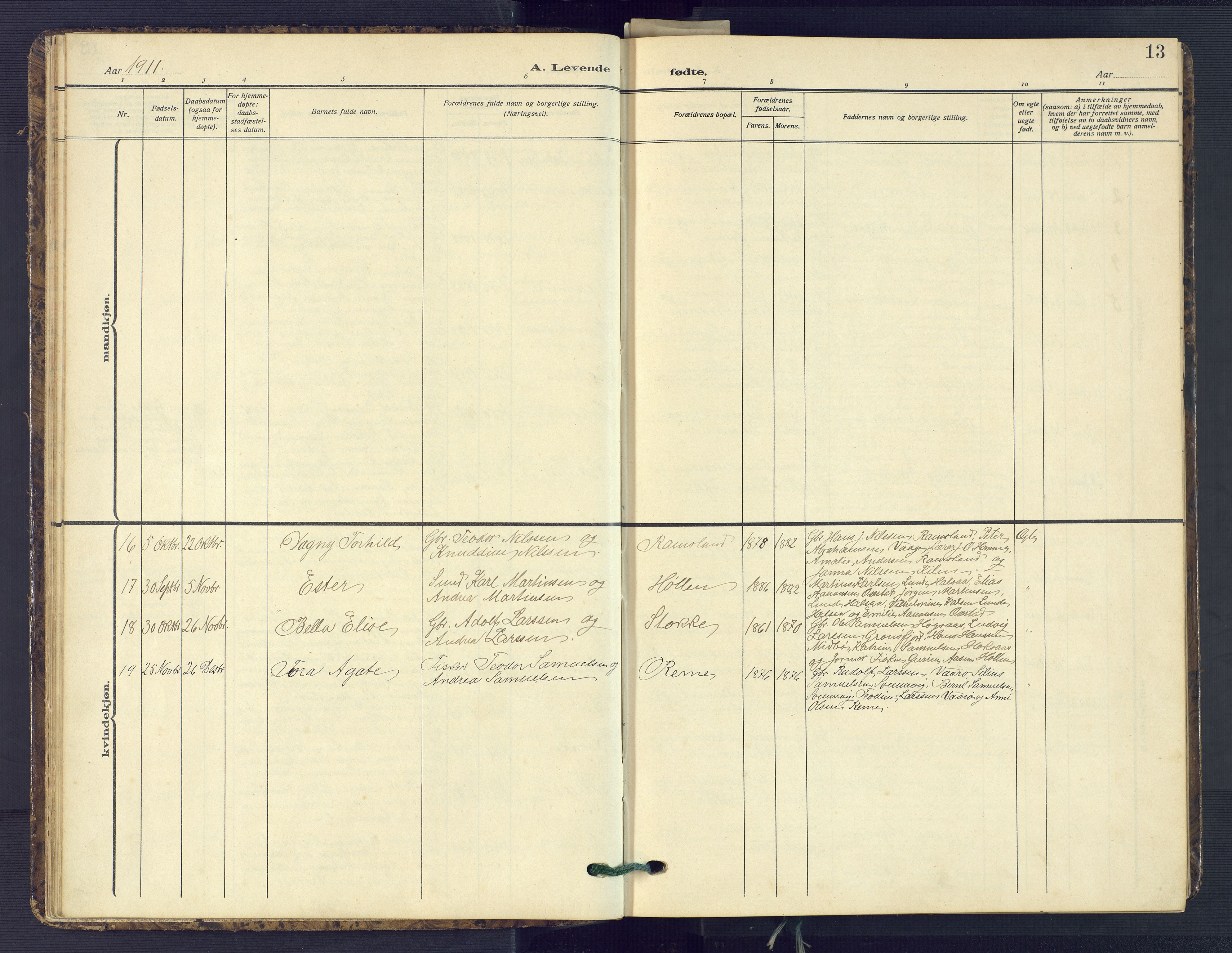 Sør-Audnedal sokneprestkontor, AV/SAK-1111-0039/F/Fb/Fba/L0005: Klokkerbok nr. B 5, 1908-1963, s. 13