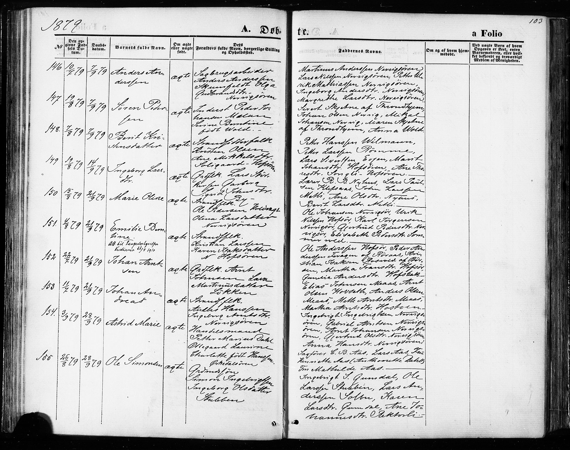 Ministerialprotokoller, klokkerbøker og fødselsregistre - Sør-Trøndelag, AV/SAT-A-1456/668/L0807: Ministerialbok nr. 668A07, 1870-1880, s. 103