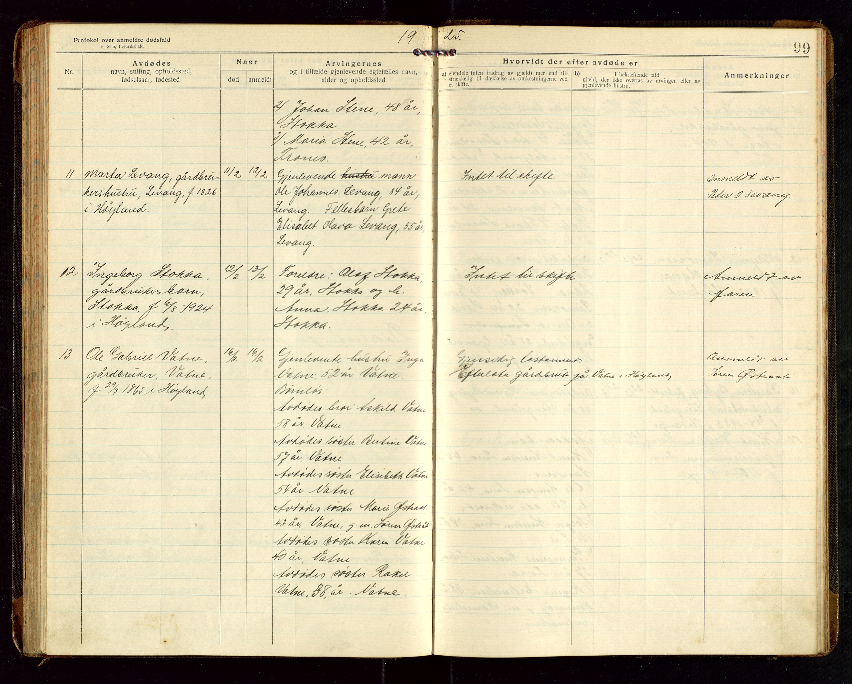 Høyland/Sandnes lensmannskontor, AV/SAST-A-100166/Gga/L0005: "Protokoll over anmeldte dødsfall i Høylands lensmannsdistrikt", 1920-1926, s. 99