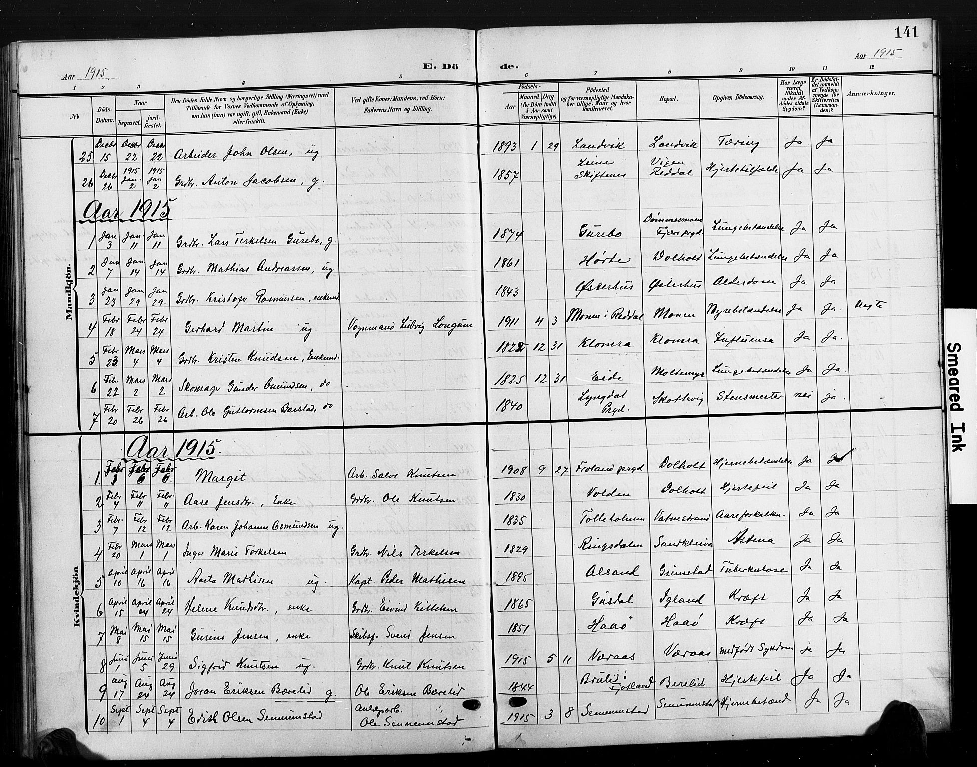 Hommedal sokneprestkontor, AV/SAK-1111-0023/F/Fb/Fbb/L0008: Klokkerbok nr. B 8, 1905-1929, s. 141