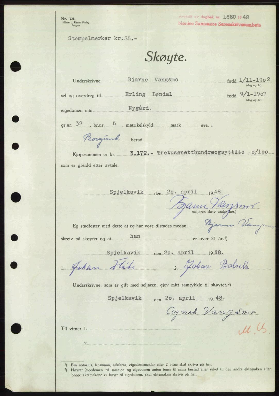 Nordre Sunnmøre sorenskriveri, AV/SAT-A-0006/1/2/2C/2Ca: Pantebok nr. A28, 1948-1948, Dagboknr: 1560/1948