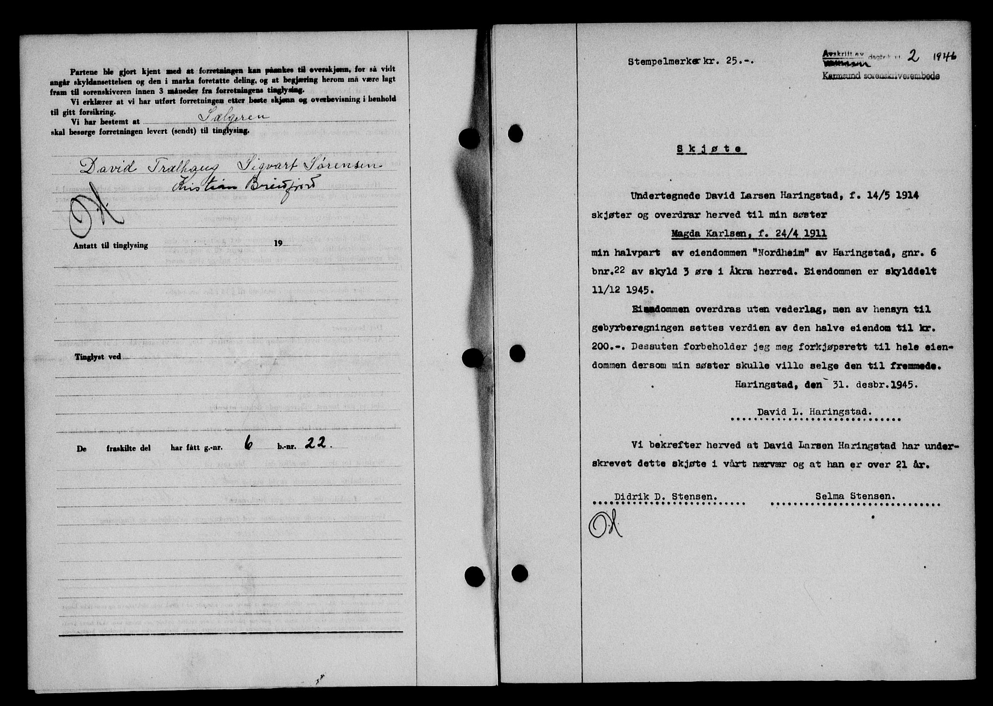 Karmsund sorenskriveri, SAST/A-100311/01/II/IIB/L0084: Pantebok nr. 65A, 1945-1946, Dagboknr: 2/1946