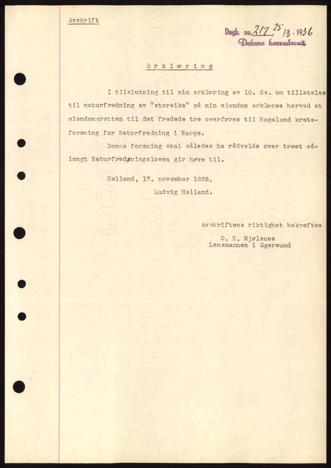 Dalane sorenskriveri, SAST/A-100309/02/G/Gb/L0040: Pantebok nr. A1, 1936-1936, Dagboknr: 217/1936