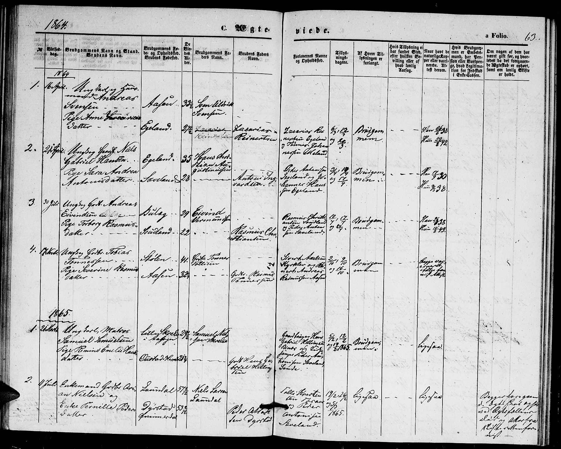 Herad sokneprestkontor, SAK/1111-0018/F/Fb/Fba/L0003: Klokkerbok nr. B 3, 1863-1883, s. 63