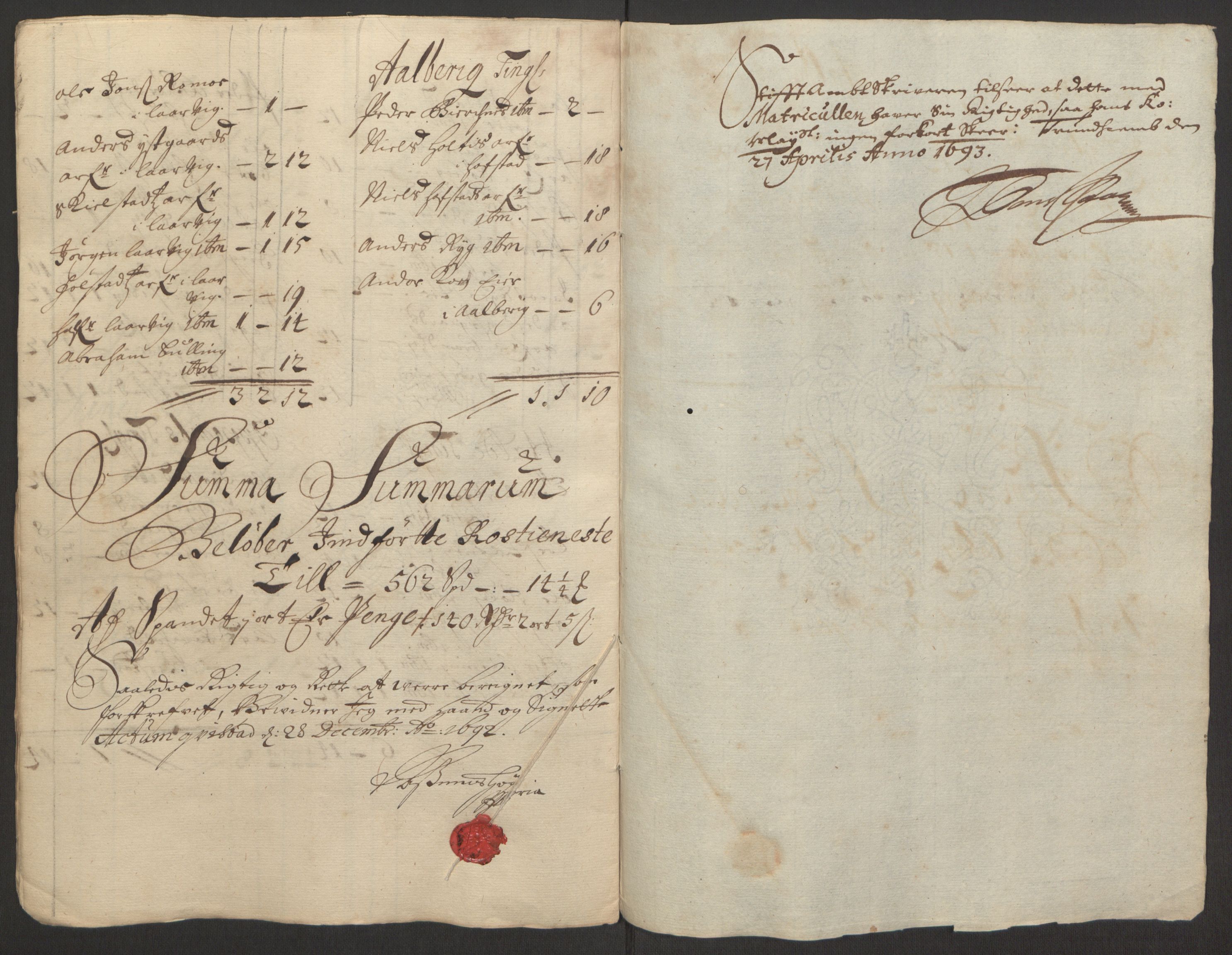Rentekammeret inntil 1814, Reviderte regnskaper, Fogderegnskap, RA/EA-4092/R63/L4308: Fogderegnskap Inderøy, 1692-1694, s. 161