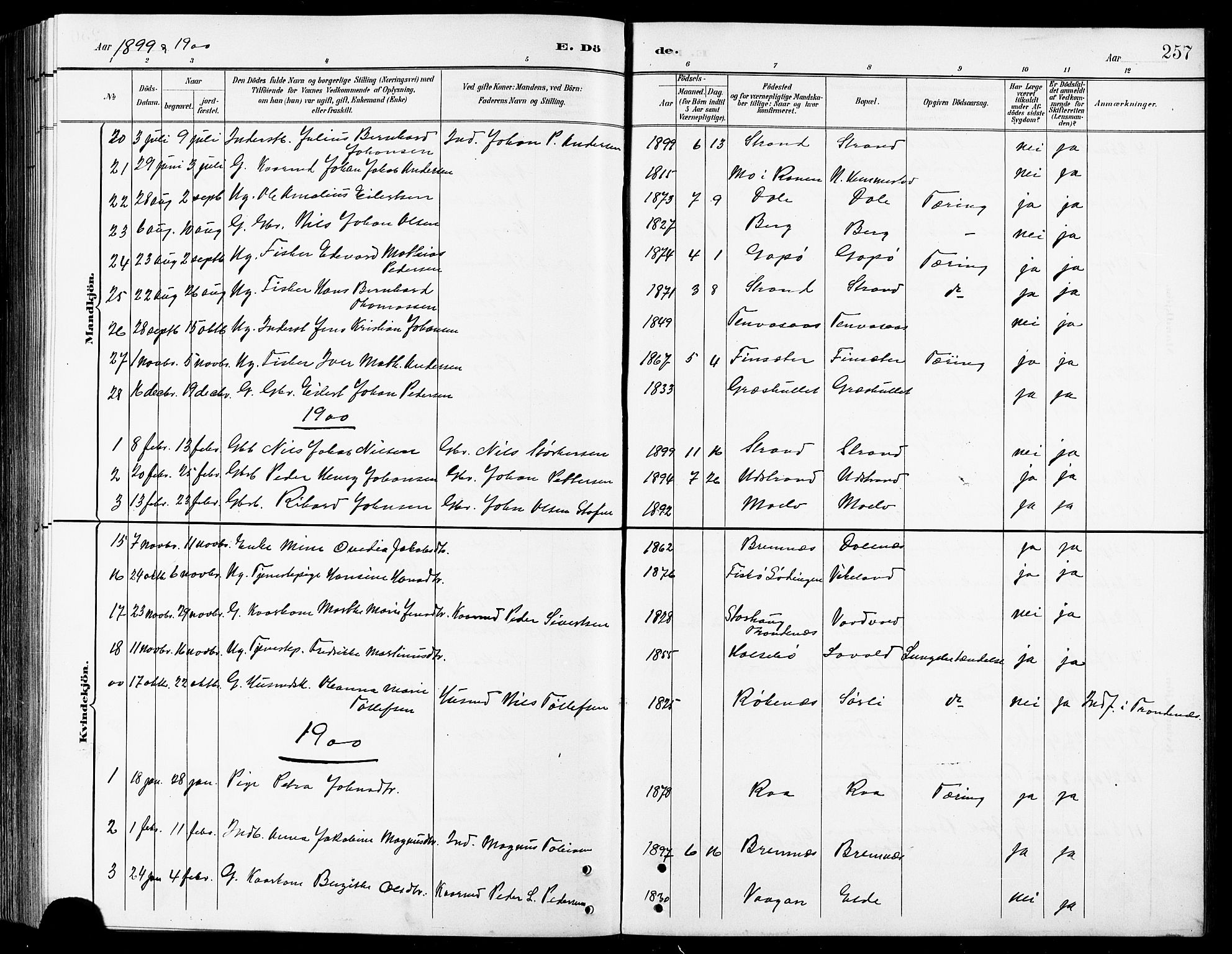 Kvæfjord sokneprestkontor, AV/SATØ-S-1323/G/Ga/Gab/L0005klokker: Klokkerbok nr. 5, 1886-1911, s. 257