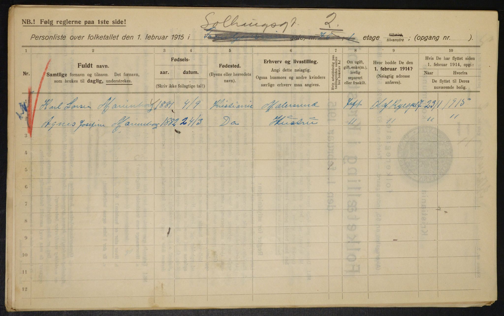 OBA, Kommunal folketelling 1.2.1915 for Kristiania, 1915, s. 99258