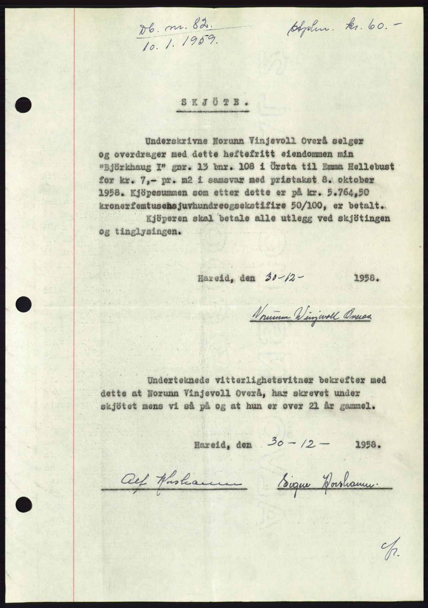 Søre Sunnmøre sorenskriveri, SAT/A-4122/1/2/2C/L0111: Pantebok nr. 37A, 1958-1959, Dagboknr: 82/1959